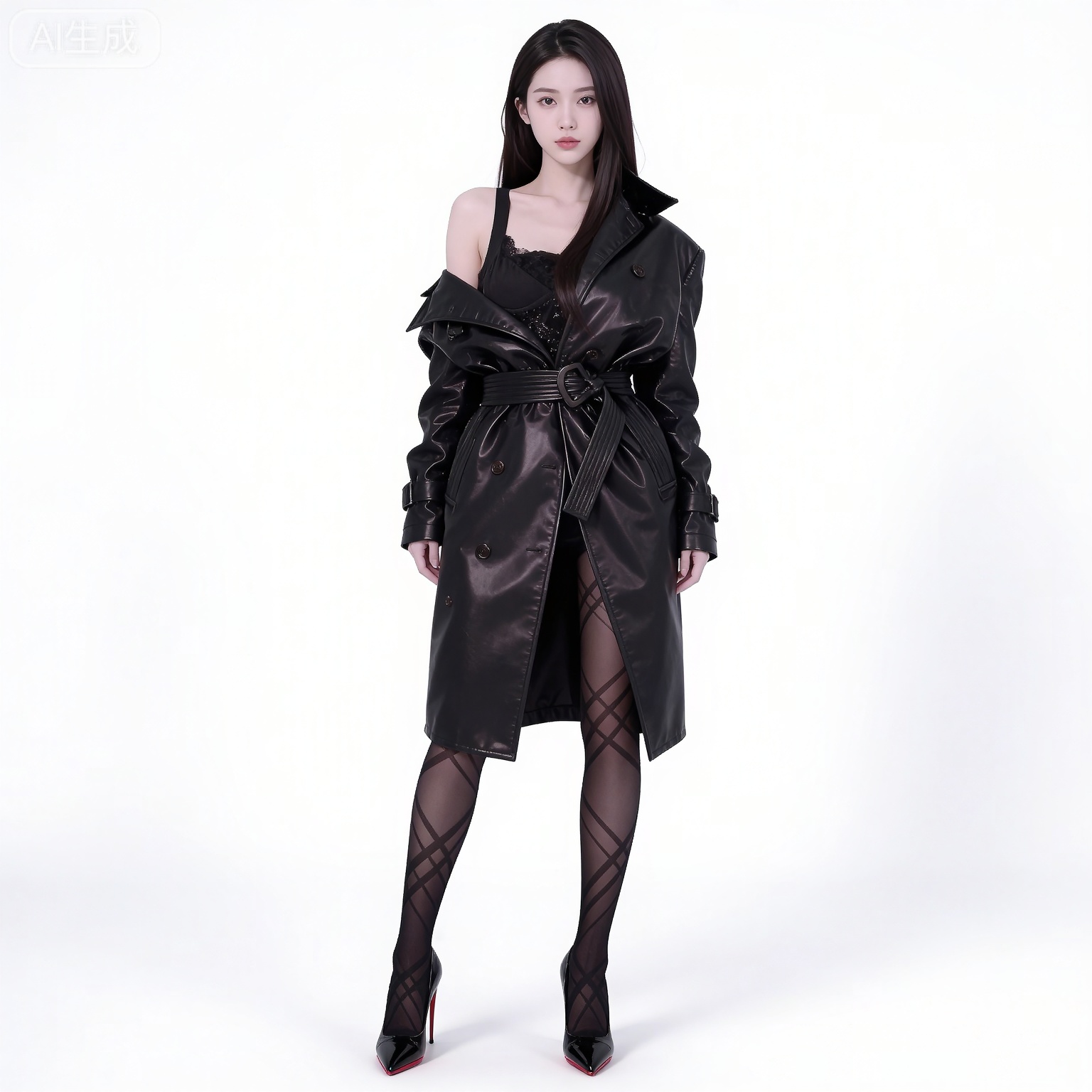 (black hair:1.2),long hair,brown eyes,fair_skin,
mumu black leather jacket,mumu fishnet pantyhose,mumu vest,mumu striped pantyhose,1girl,solo,high heels,full body,white background,standing,black footwear,breasts,simple background,off shoulder,collarbone,long sleeves,belt,