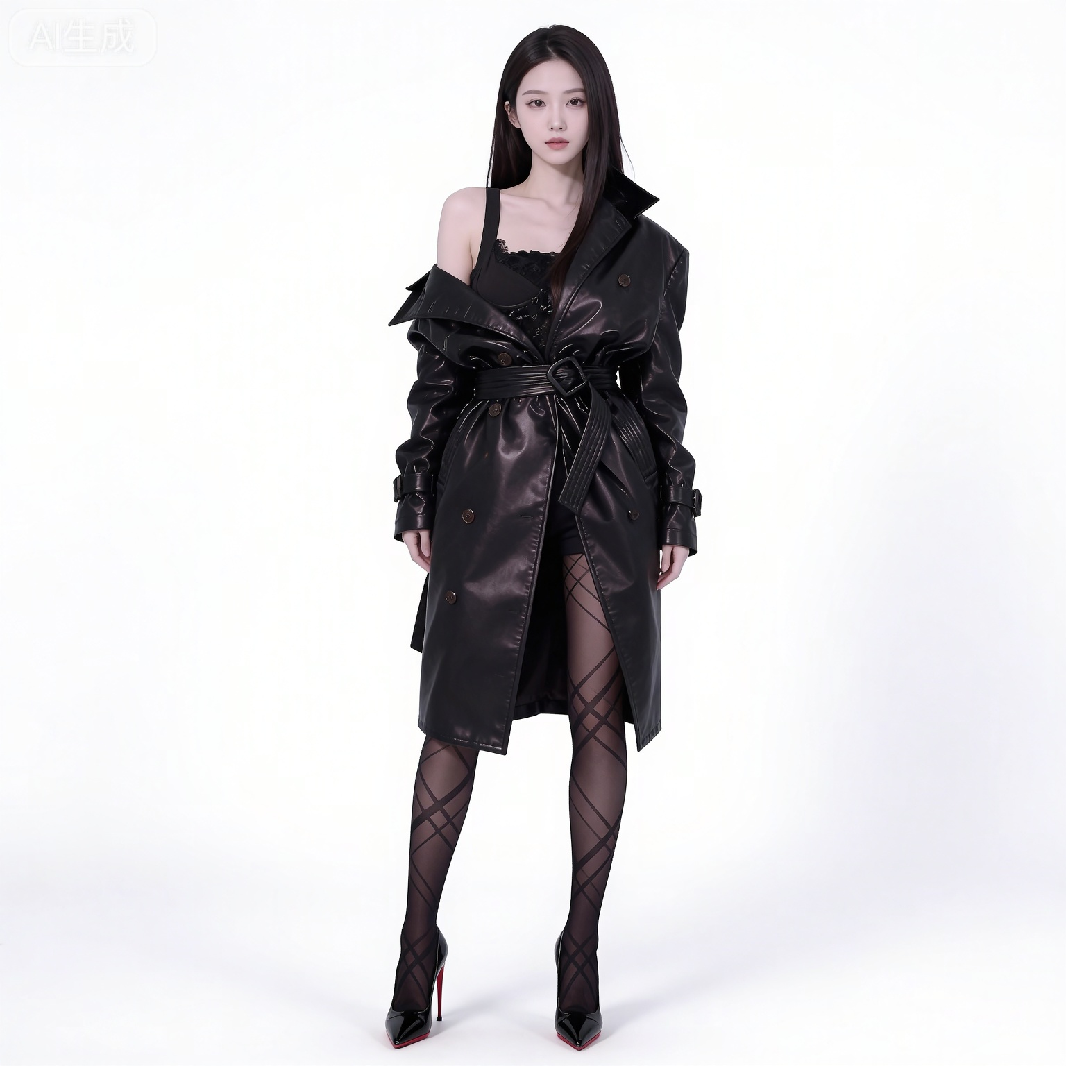 (black hair:1.2),long hair,brown eyes,fair_skin,
mumu black leather jacket,mumu fishnet pantyhose,mumu vest,mumu striped pantyhose,1girl,solo,high heels,full body,white background,standing,black footwear,breasts,simple background,off shoulder,collarbone,long sleeves,belt,
