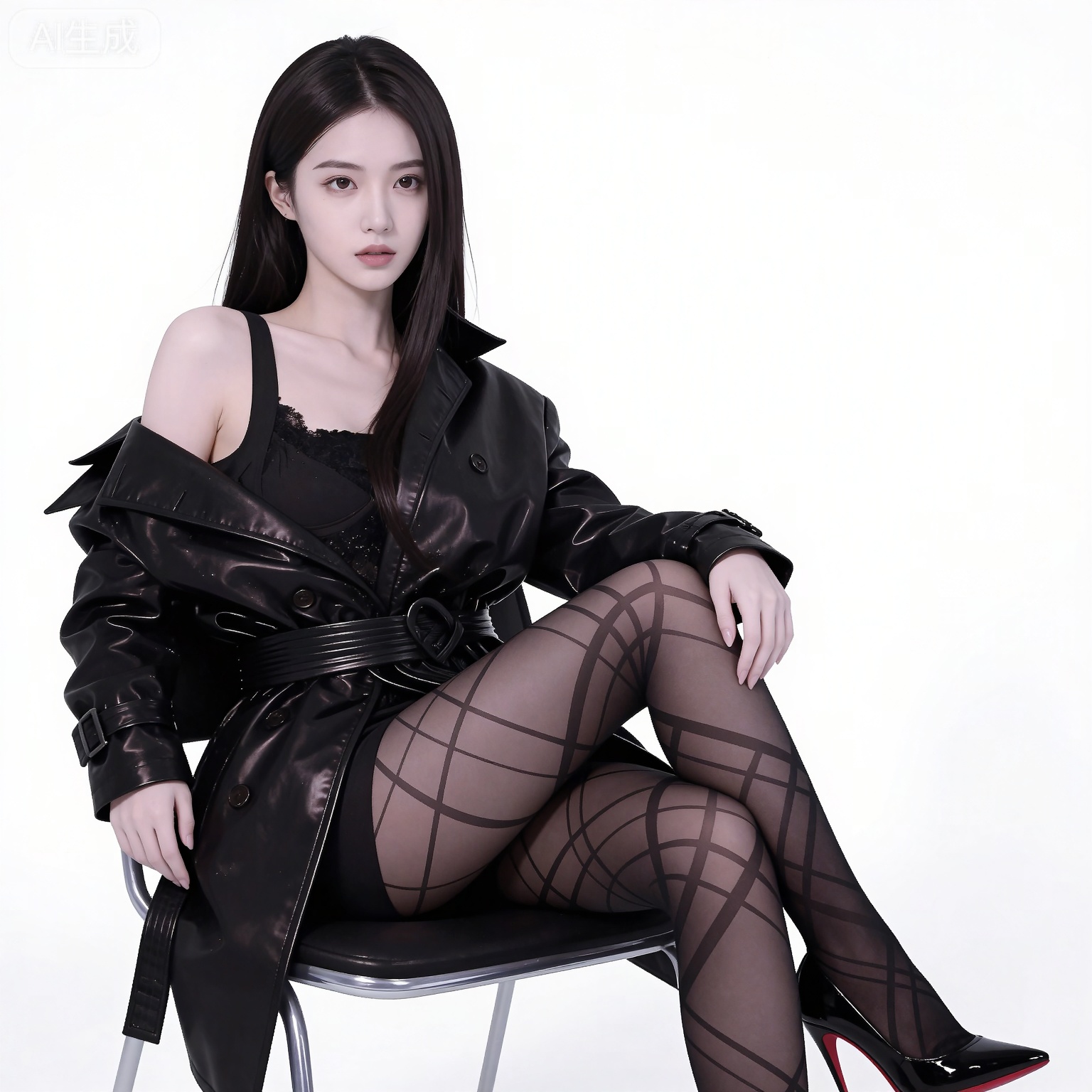 (black hair:1.2),long hair,brown eyes,fair_skin,
mumu black leather jacket,mumu fishnet pantyhose,mumu vest,mumu striped pantyhose,1girl,solo,high heels,full body,black footwear,breasts,simple background,off shoulder,collarbone,long sleeves,belt,sitting,crossed_legs,chair,white background,