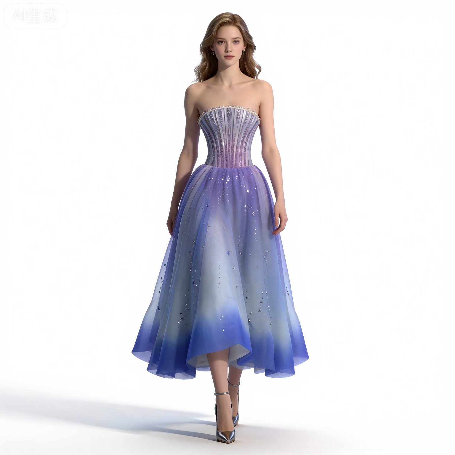 (black hair:1.2),long hair,brown eyes,
mumu strapless dress,mumu long blue dress,1girl,solo,bare shoulders,standing,full body,high heels,simple background,collarbone,arms at sides,white_background,walking