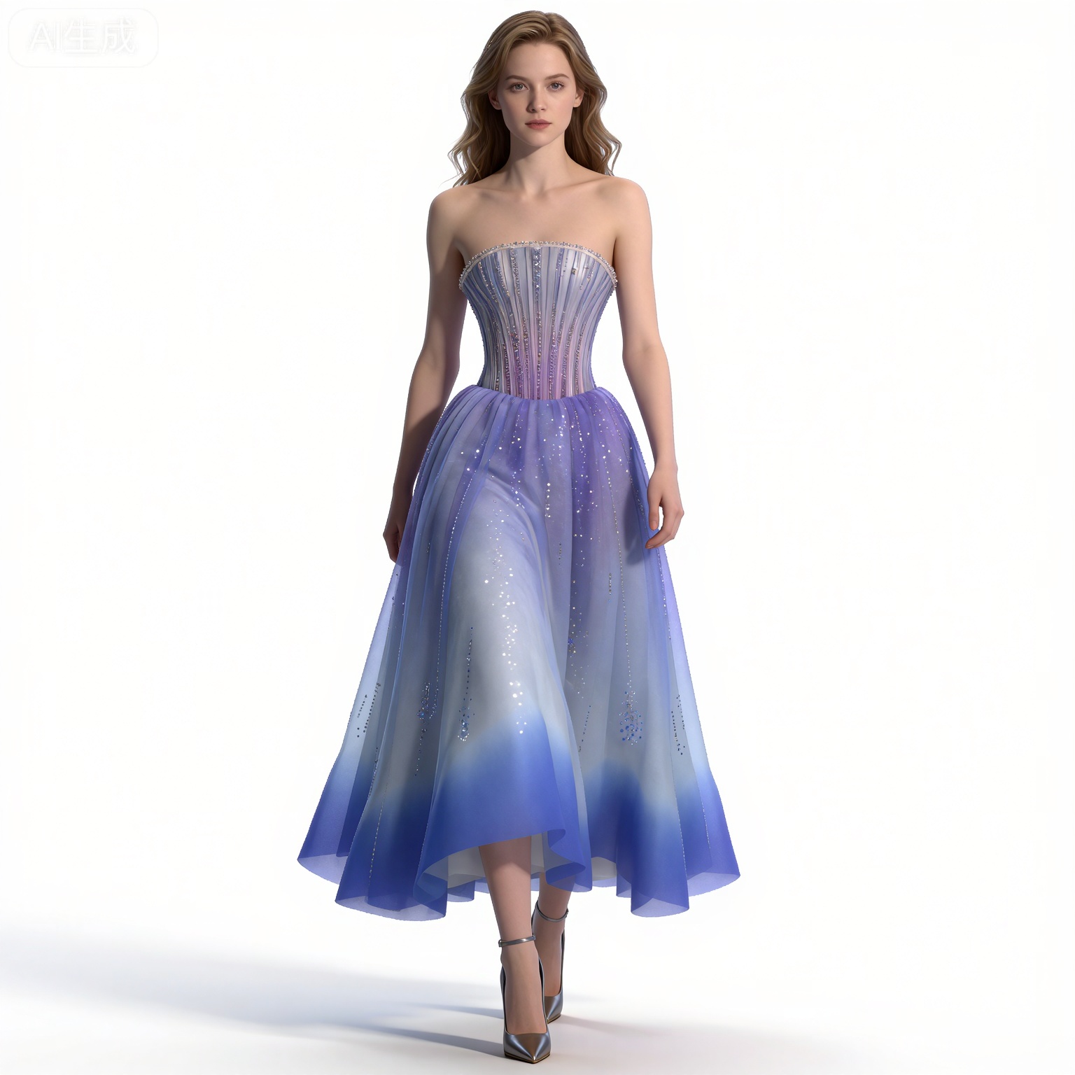 (black hair:1.2),long hair,brown eyes,
mumu strapless dress,mumu long blue dress,1girl,solo,bare shoulders,standing,full body,high heels,simple background,collarbone,arms at sides,white_background,walking