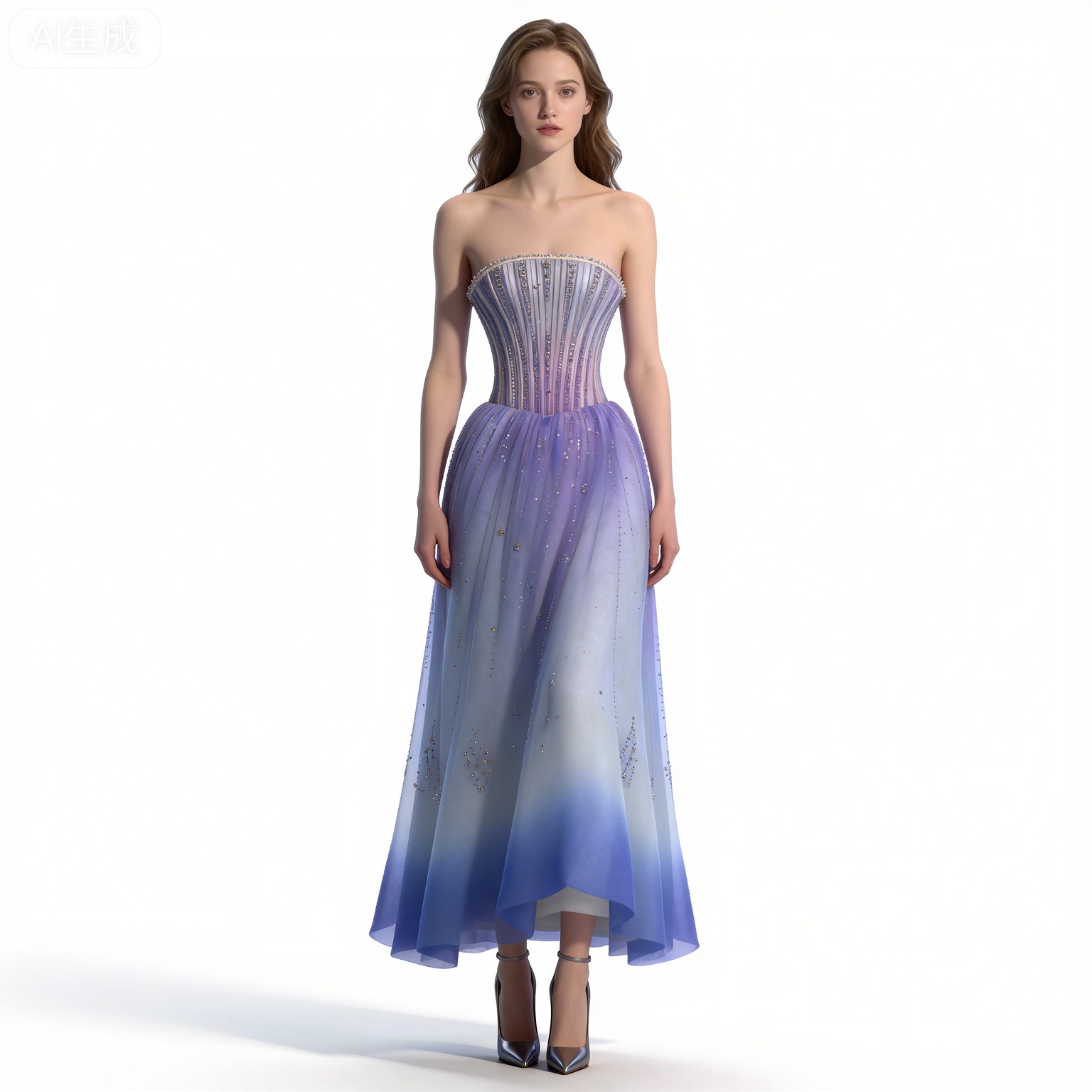 (black hair:1.2),long hair,brown eyes,
mumu strapless dress,mumu long blue dress,1girl,solo,bare shoulders,standing,full body,high heels,simple background,collarbone,arms at sides,white_background,