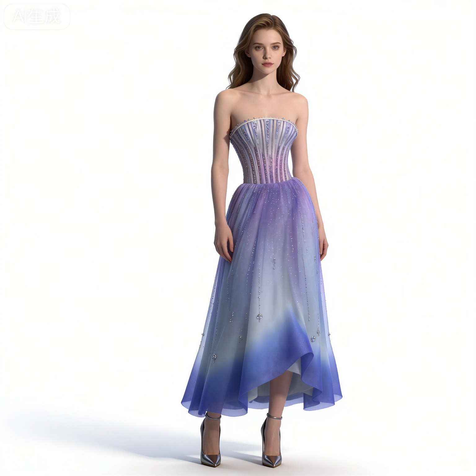 (black hair:1.2),long hair,brown eyes,
mumu strapless dress,mumu long blue dress,1girl,solo,bare shoulders,standing,full body,high heels,simple background,collarbone,arms at sides,white_background,