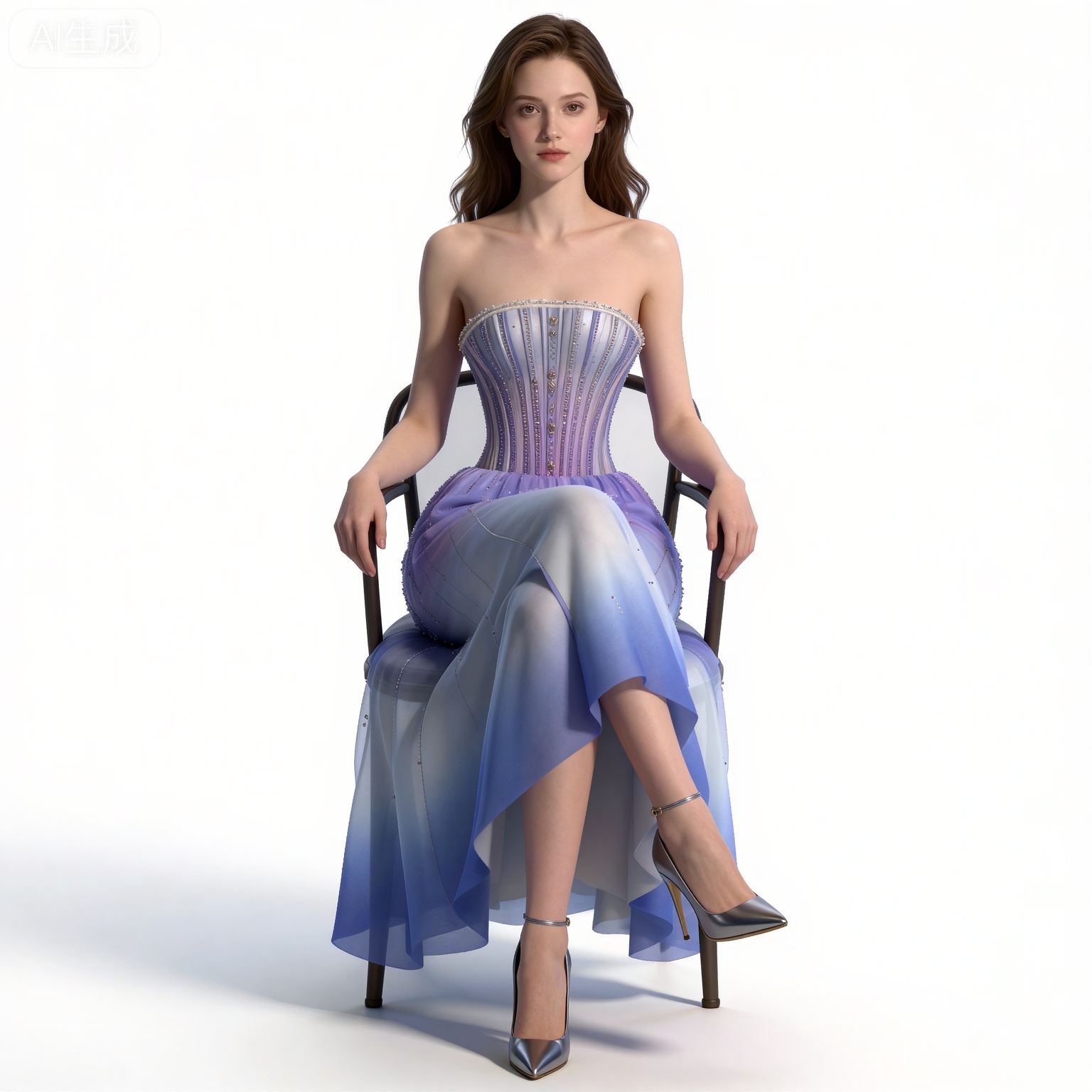 (black hair:1.2),long hair,brown eyes,
mumu strapless dress,mumu long blue dress,1girl,solo,bare shoulders,full body,high heels,simple background,collarbone,arms at sides,white_background,sitting,chair,