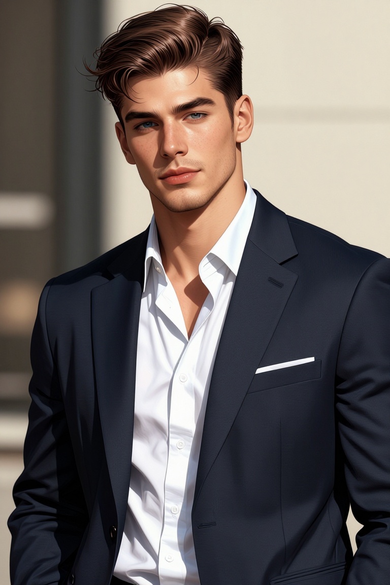 [ realistic Illustration of ] The image shows a young man with light brown,  tousled hair and blue eyes. He is wearing a d...