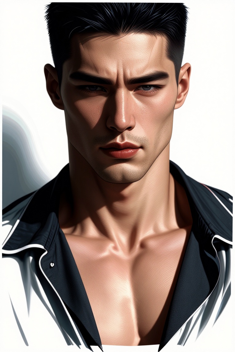 [ realistic Illustration of ] A full body portrait of a strikingly handsome,  fit 25-year-old Asian man. He possesses a st...