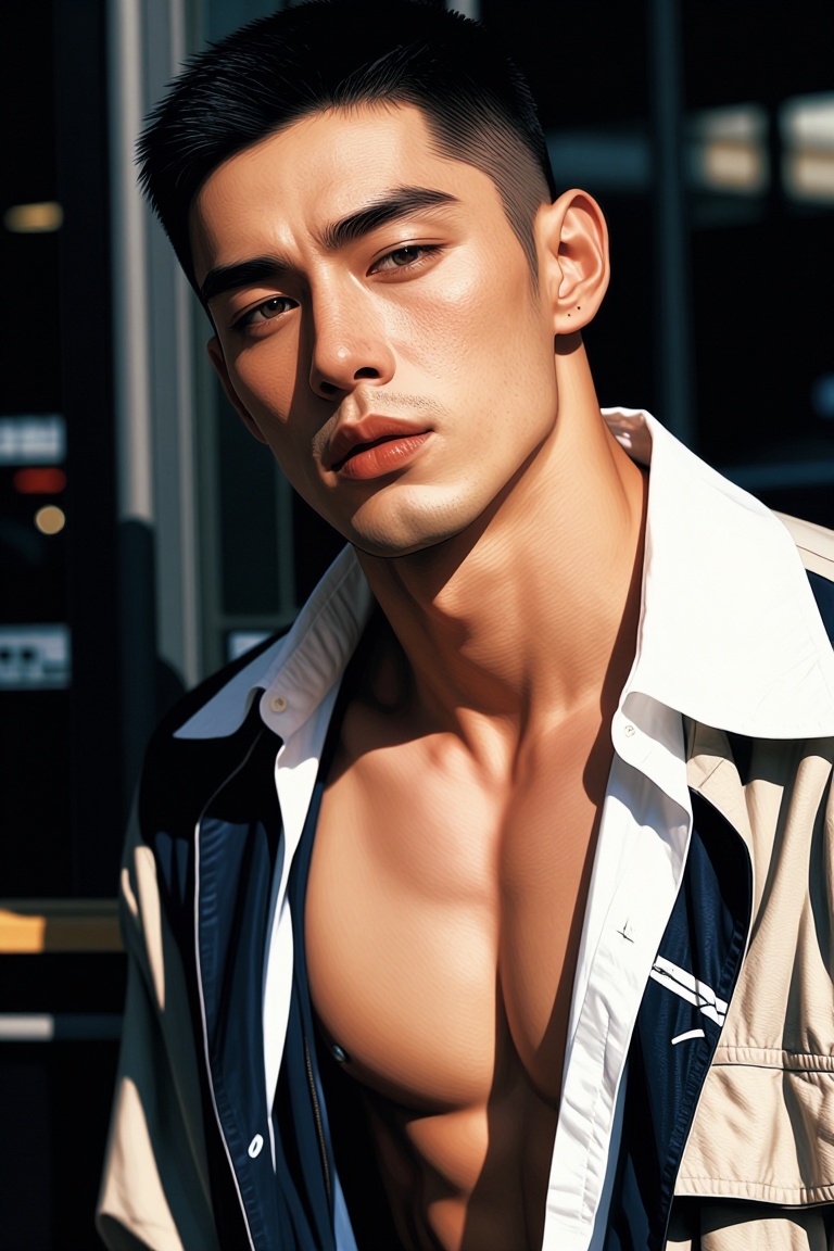 [ realistic Illustration of ] A full body portrait of a strikingly handsome 25-year-old Asian man with a powerfully define...