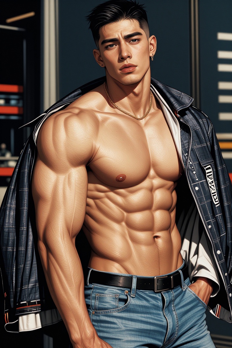 [ realistic Illustration of ] A full body portrait of a strikingly handsome 25-year-old Asian man with a powerfully define...