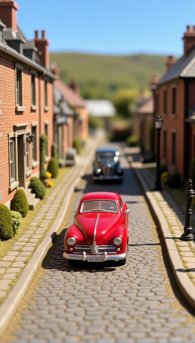 A hyper-realistic macro shot of a red vintage miniature model car on a cobblestone street in a miniature European village....