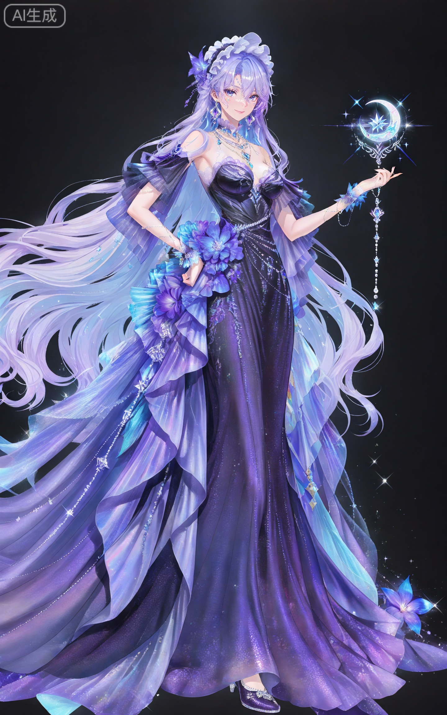 depth of field,masterpiece,best quality,very aesthetic,alternate costume,alternate costume,2024,2023,perfect composition,ultra-detailed,extreme aesthetic,masterpiece,best quality,good quality,newest,year 2024,year 2023,very aesthetic,absurdres,looking_at_viewer,colorful,
1girl,breasts,solo,long hair,blue eyes,looking at viewer,smile,jewelry,black background,purple hair,earrings,simple background,blue hair,hair between eyes,hair ornament,facial mark,frilled hairband,lvjing,
lvjing, 1girl, dress, long hair, solo, jewelry, full body, hair ornament, crescent, white hair, purple dress, hand on own hip, flower, necklace, black dress, bare shoulders, sparkle, very long hair, standing, earrings, long dress, gem, beads, glitter, purple flower, purple eyes