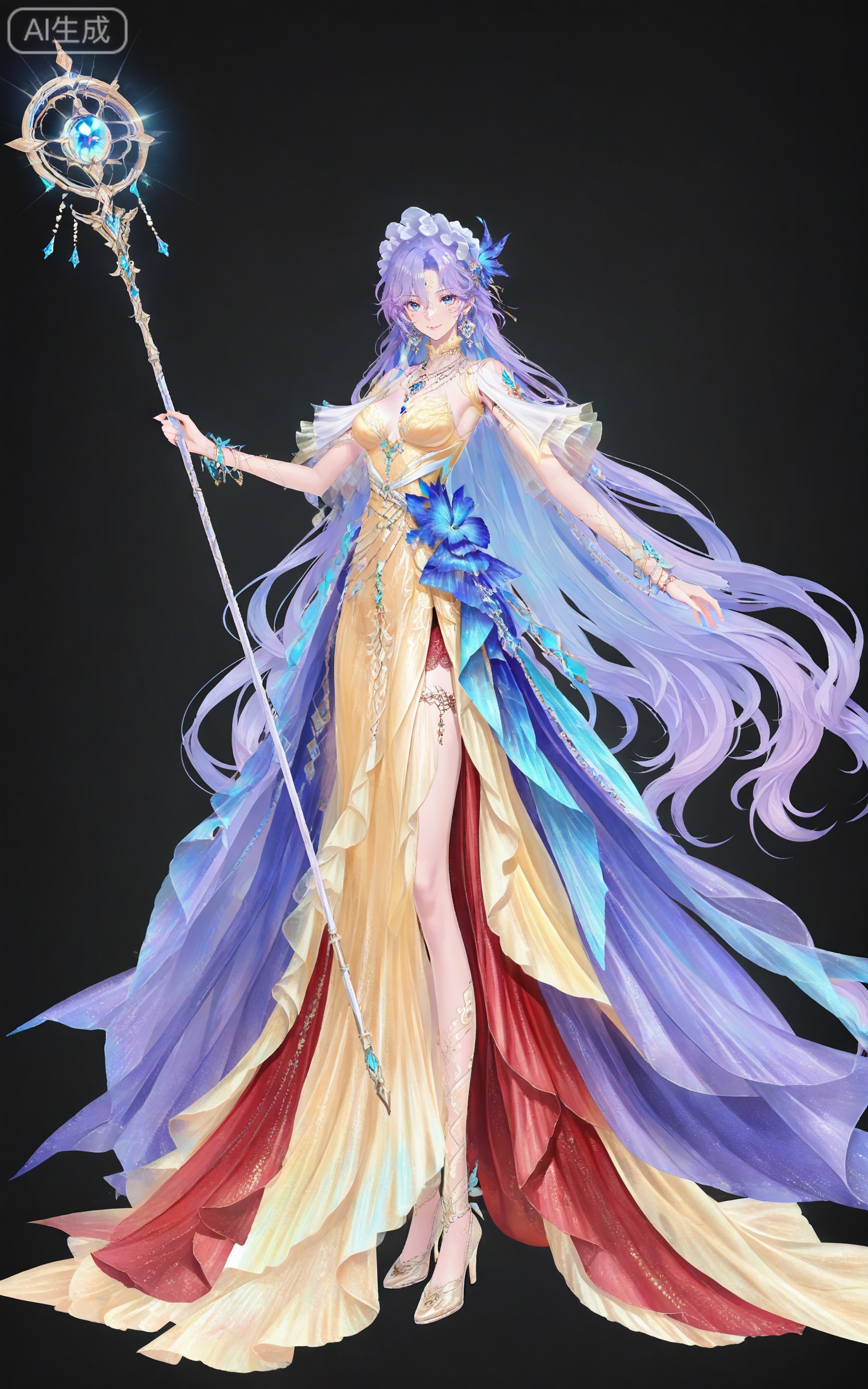 depth of field,masterpiece,best quality,very aesthetic,alternate costume,alternate costume,2024,2023,perfect composition,ultra-detailed,extreme aesthetic,masterpiece,best quality,good quality,newest,year 2024,year 2023,very aesthetic,absurdres,looking_at_viewer,colorful,
1girl,breasts,solo,long hair,blue eyes,looking at viewer,smile,jewelry,black background,purple hair,earrings,simple background,blue hair,hair between eyes,hair ornament,facial mark,frilled hairband,lvjing,
lvjing, 1girl, long hair, dress, jewelry, solo, holding, staff, full body, red hair, bracelet, yellow dress, earrings, facial mark, hair ornament, very long hair, forehead mark, necklace, high heels, holding staff, orange hair