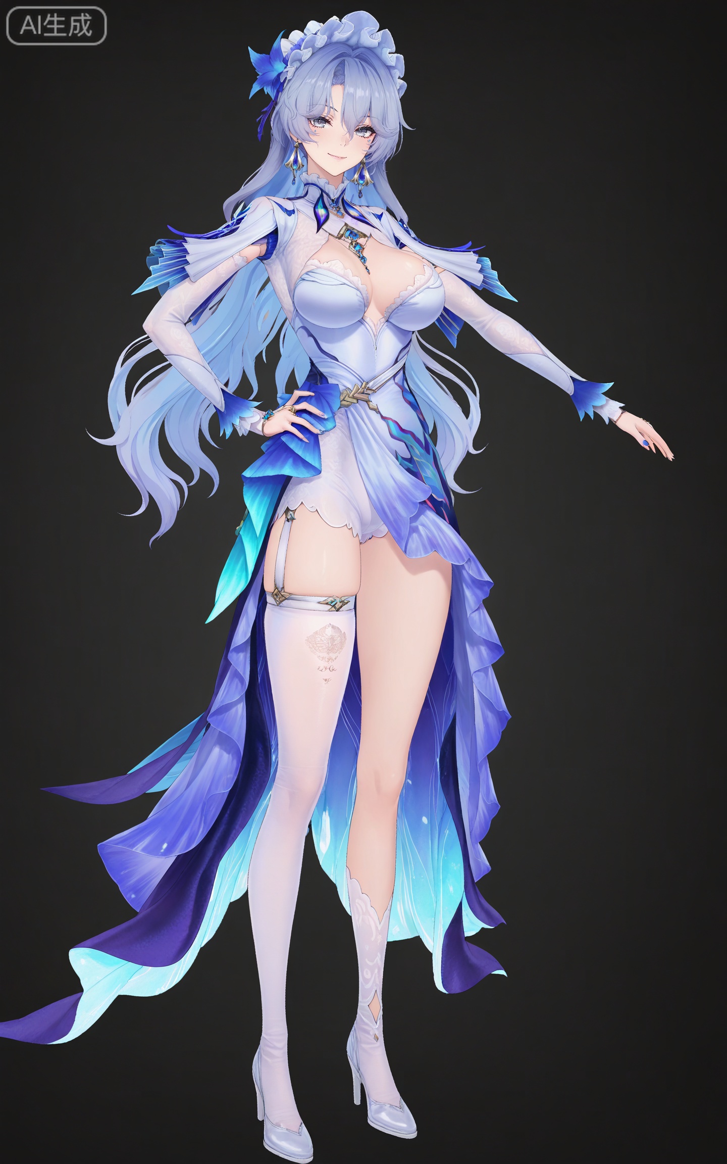 depth of field,masterpiece,best quality,very aesthetic,alternate costume,alternate costume,2024,2023,perfect composition,ultra-detailed,extreme aesthetic,masterpiece,best quality,good quality,newest,year 2024,year 2023,very aesthetic,absurdres,looking_at_viewer,colorful,<lora:坎特蕾拉:0.7>,cantarella\(wuthering waves\),clothes: cantarella blue and white dress,cantarella asymmetrical legwear,cantarella bonnet,cantarella elbow gloves,cantarella frilled hairband,cantarella high heel boots,cantarella long dress,cantarella maid headdress,cantarella multicolored dress,cantarella single white thighhigh,cantarella thigh strap,cantarella white footwear,1girl,solo,breasts,long hair,full body,looking at viewer,jewelry,earrings,smile,black background,cleavage,large breasts,simple background,grey hair,closed mouth,hair between eyes,standing,grey eyes,long sleeves,hand on hip,