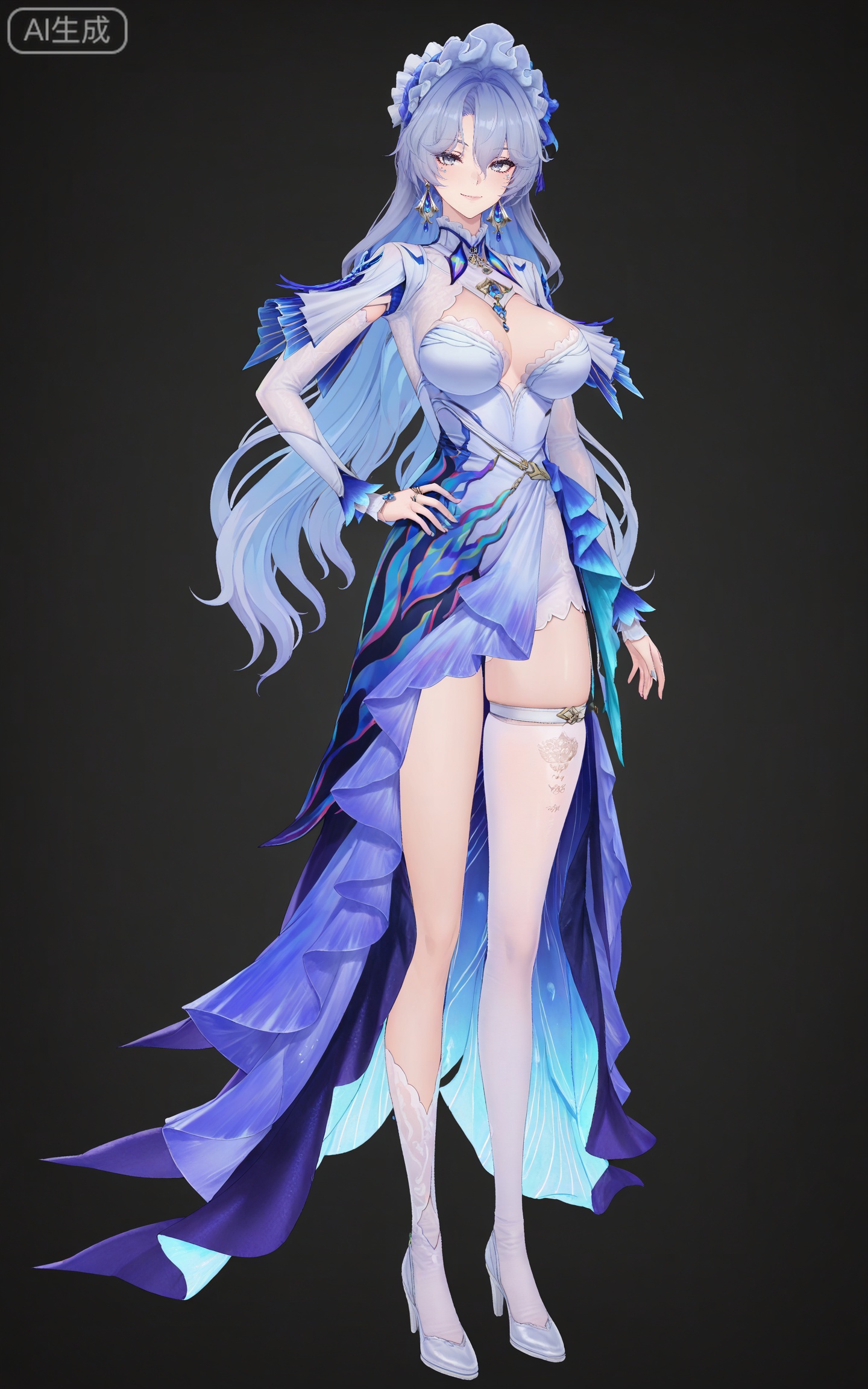 depth of field,masterpiece,best quality,very aesthetic,alternate costume,alternate costume,2024,2023,perfect composition,ultra-detailed,extreme aesthetic,masterpiece,best quality,good quality,newest,year 2024,year 2023,very aesthetic,absurdres,looking_at_viewer,colorful,<lora:坎特蕾拉:0.7>,cantarella\(wuthering waves\),clothes: cantarella blue and white dress,cantarella asymmetrical legwear,cantarella bonnet,cantarella elbow gloves,cantarella frilled hairband,cantarella high heel boots,cantarella long dress,cantarella maid headdress,cantarella multicolored dress,cantarella single white thighhigh,cantarella thigh strap,cantarella white footwear,1girl,solo,breasts,long hair,full body,looking at viewer,jewelry,earrings,smile,black background,cleavage,large breasts,simple background,grey hair,closed mouth,hair between eyes,standing,grey eyes,long sleeves,hand on hip,