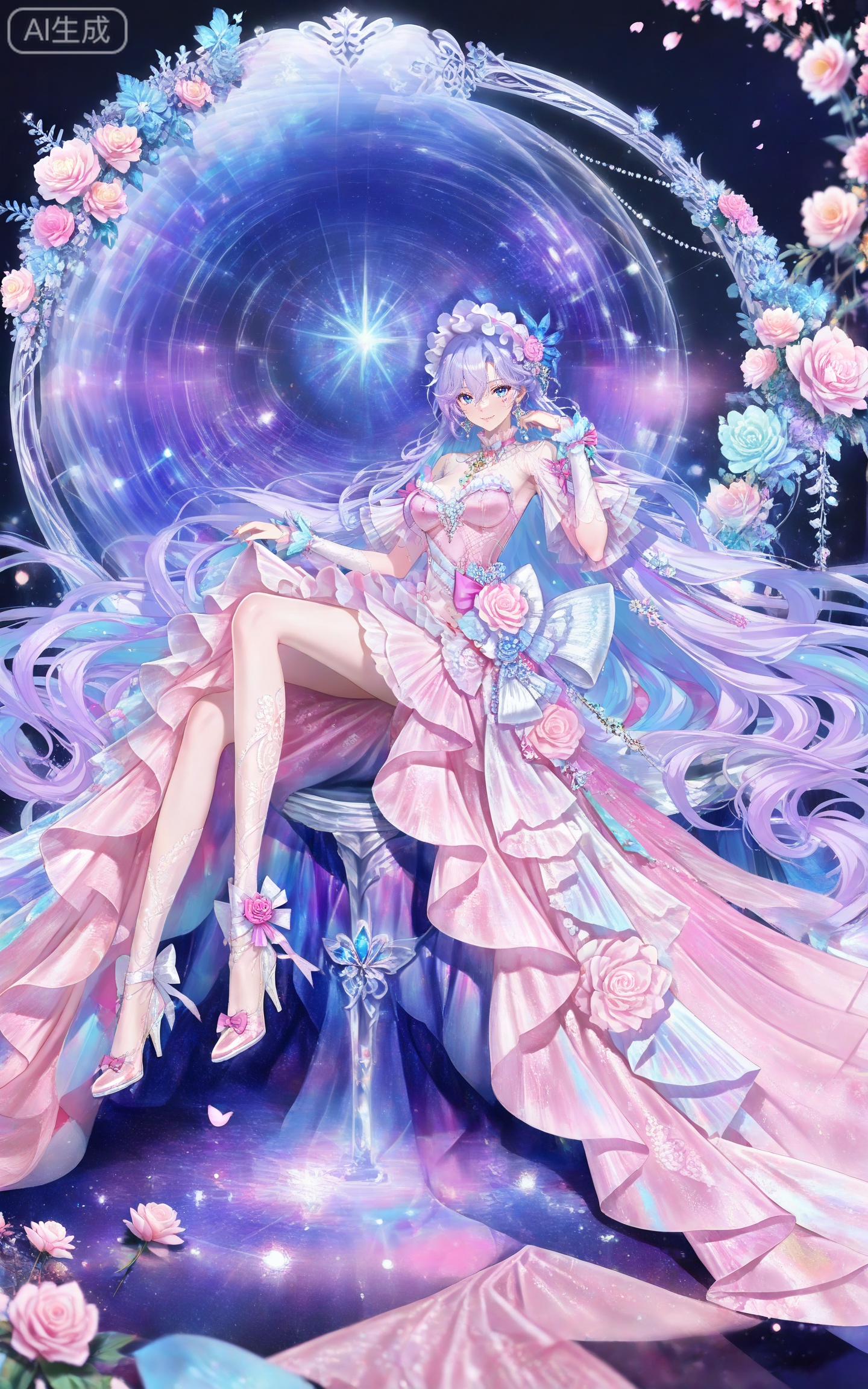 depth of field,masterpiece,best quality,very aesthetic,alternate costume,alternate costume,2024,2023,perfect composition,ultra-detailed,extreme aesthetic,masterpiece,best quality,good quality,newest,year 2024,year 2023,very aesthetic,absurdres,looking_at_viewer,colorful,
1girl,breasts,solo,long hair,blue eyes,looking at viewer,smile,jewelry,purple hair,earrings,blue hair,hair between eyes,hair ornament,facial mark,frilled hairband,lvjing,
lvjing, 1girl, dress, flower, pink dress, long hair, blue eyes, bow, white hair, solo, jewelry, hair ornament, dress flower, looking at viewer, sitting, rose, pink flower, hair flower, white bow, high heels, pink rose, pink bow, frills, full body, very long hair