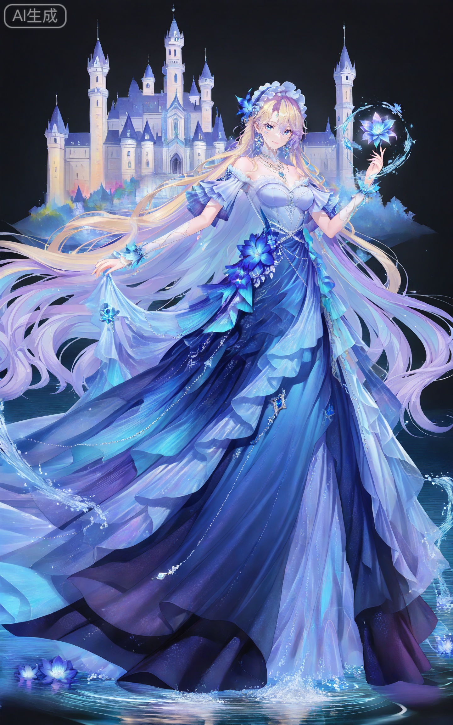 depth of field,masterpiece,best quality,very aesthetic,alternate costume,alternate costume,2024,2023,perfect composition,ultra-detailed,extreme aesthetic,masterpiece,best quality,good quality,newest,year 2024,year 2023,very aesthetic,absurdres,looking_at_viewer,colorful,
1girl,breasts,solo,long hair,blue eyes,looking at viewer,smile,jewelry,black background,purple hair,earrings,simple background,blue hair,hair between eyes,hair ornament,facial mark,frilled hairband,lvjing,
lvjing, 1girl, long hair, blonde hair, dress, blue dress, jewelry, solo, blue eyes, very long hair, flower, hair ornament, holding, earrings, necklace, water, full body, gown, castle, beads, off-shoulder dress, bare shoulders, long dress