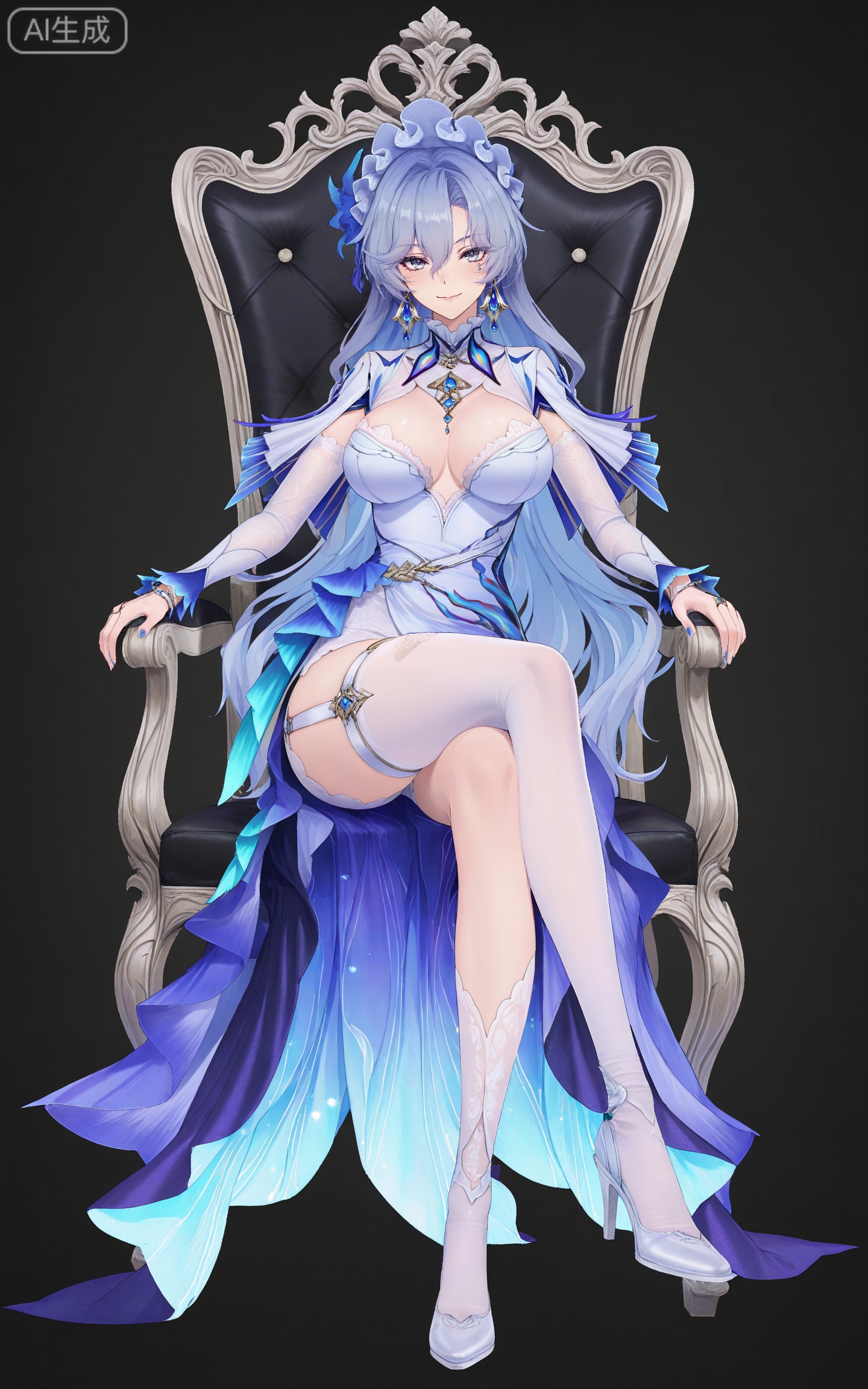 depth of field,masterpiece,best quality,very aesthetic,alternate costume,alternate costume,2024,2023,perfect composition,ultra-detailed,extreme aesthetic,masterpiece,best quality,good quality,newest,year 2024,year 2023,very aesthetic,absurdres,looking_at_viewer,colorful,,cantarella\(wuthering waves\),clothes: cantarella blue and white dress,cantarella asymmetrical legwear,cantarella bonnet,cantarella elbow gloves,cantarella frilled hairband,cantarella high heel boots,cantarella long dress,cantarella maid headdress,cantarella multicolored dress,cantarella single white thighhigh,cantarella thigh strap,cantarella white footwear,1girl,solo,breasts,long hair,full body,looking at viewer,jewelry,earrings,smile,black background,cleavage,large breasts,simple background,grey hair,closed mouth,hair between eyes,grey eyes,long sleeves,sitting chair,