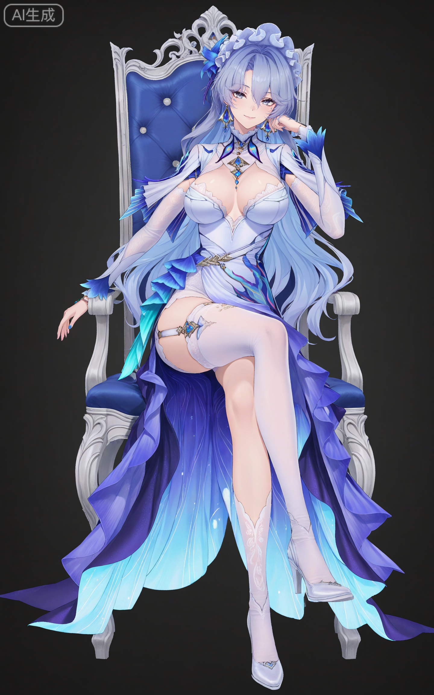 depth of field,masterpiece,best quality,very aesthetic,alternate costume,alternate costume,2024,2023,perfect composition,ultra-detailed,extreme aesthetic,masterpiece,best quality,good quality,newest,year 2024,year 2023,very aesthetic,absurdres,looking_at_viewer,colorful,,cantarella\(wuthering waves\),clothes: cantarella blue and white dress,cantarella asymmetrical legwear,cantarella bonnet,cantarella elbow gloves,cantarella frilled hairband,cantarella high heel boots,cantarella long dress,cantarella maid headdress,cantarella multicolored dress,cantarella single white thighhigh,cantarella thigh strap,cantarella white footwear,1girl,solo,breasts,long hair,full body,looking at viewer,jewelry,earrings,smile,black background,cleavage,large breasts,simple background,grey hair,closed mouth,hair between eyes,grey eyes,long sleeves,sitting chair,