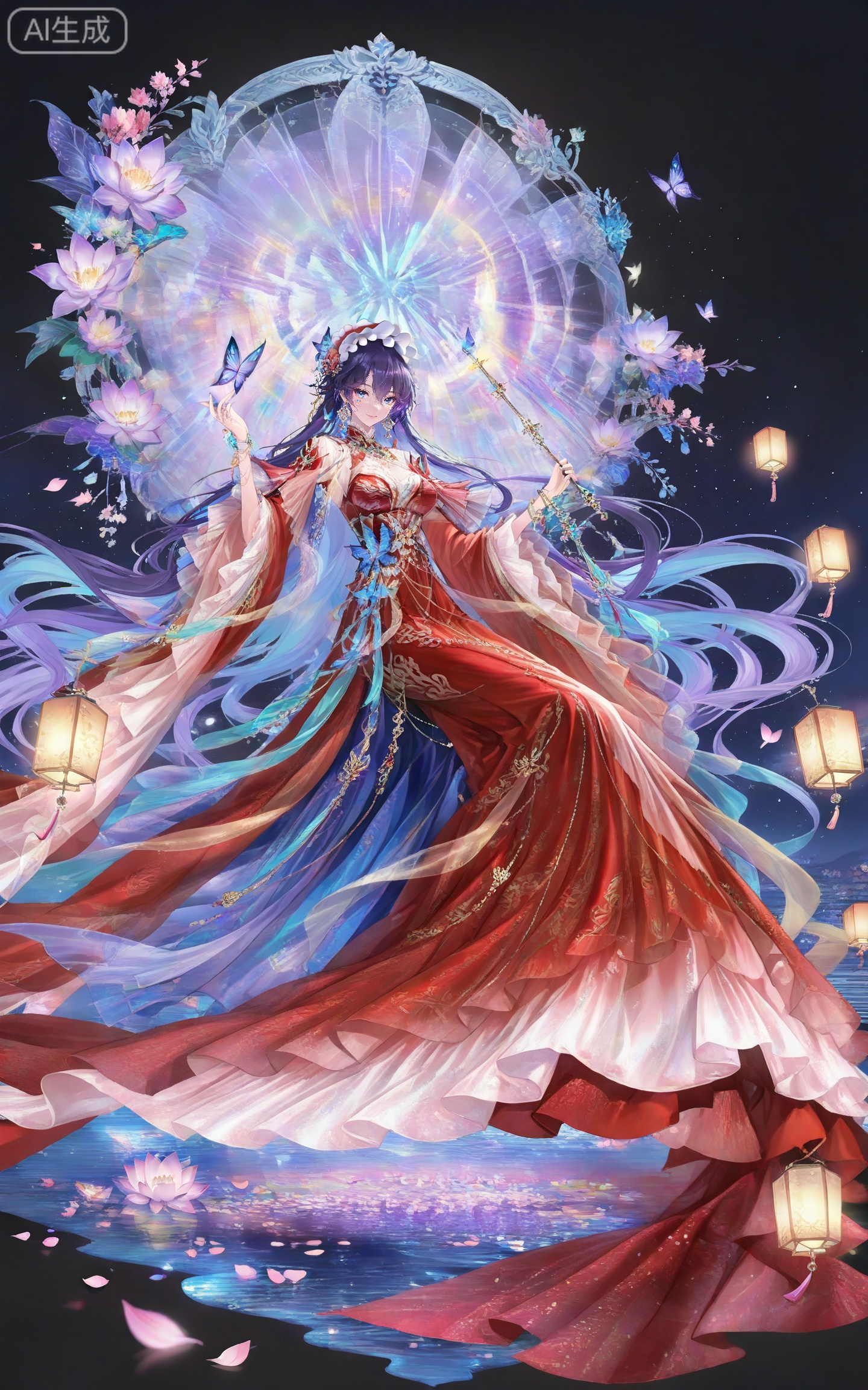 depth of field,masterpiece,best quality,very aesthetic,alternate costume,alternate costume,2024,2023,perfect composition,ultra-detailed,extreme aesthetic,masterpiece,best quality,good quality,newest,year 2024,year 2023,very aesthetic,absurdres,looking_at_viewer,colorful,
1girl,breasts,solo,long hair,blue eyes,looking at viewer,smile,jewelry,black background,purple hair,earrings,simple background,blue hair,hair between eyes,hair ornament,facial mark,frilled hairband,lvjing,
lvjing, 1girl, long hair, flower, black hair, hair ornament, butterfly, lantern, petals, solo, dress, jewelry, red dress, night, lotus, holding, bug, sky, chinese clothes, star \(sky\)