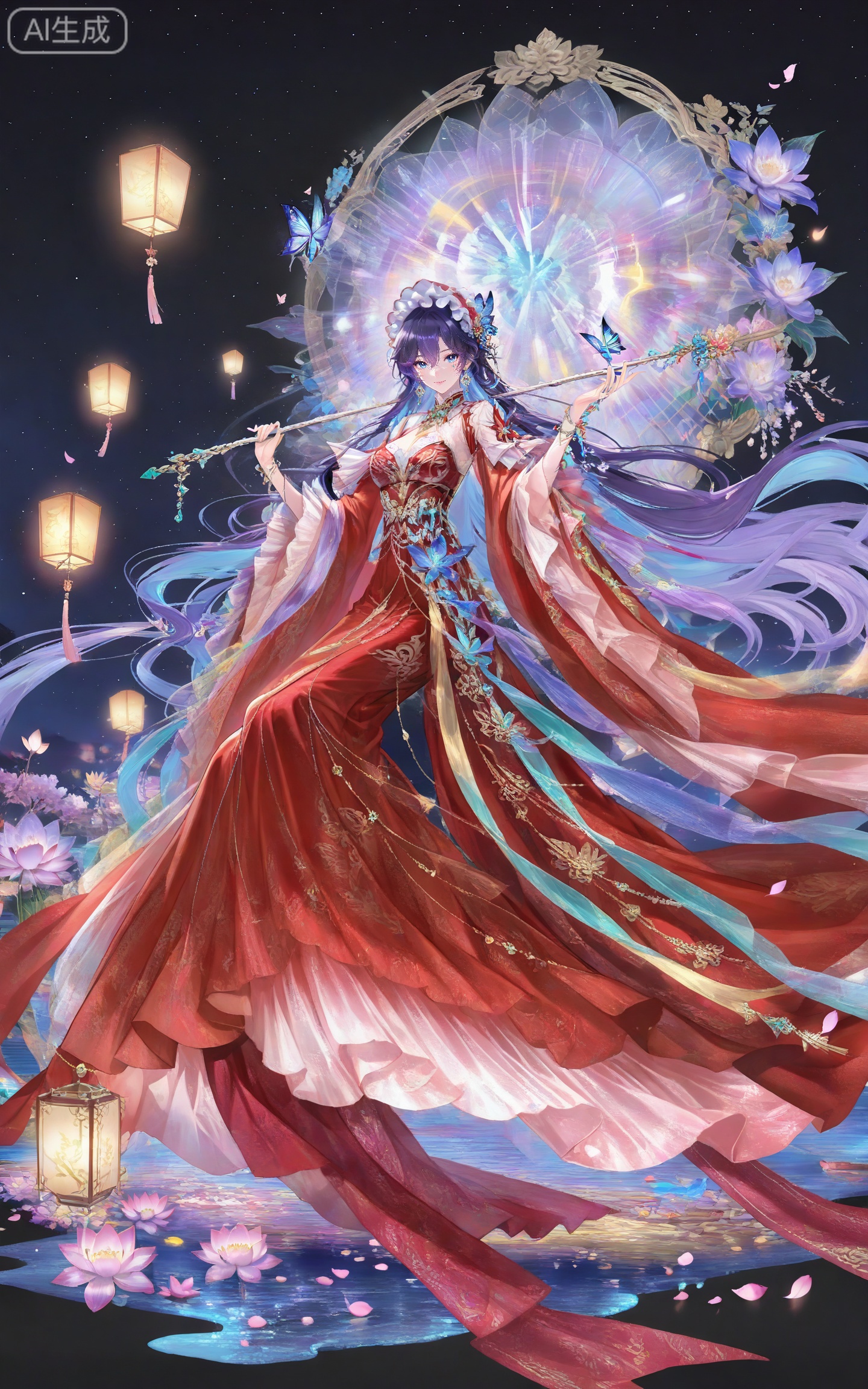 depth of field,masterpiece,best quality,very aesthetic,alternate costume,alternate costume,2024,2023,perfect composition,ultra-detailed,extreme aesthetic,masterpiece,best quality,good quality,newest,year 2024,year 2023,very aesthetic,absurdres,looking_at_viewer,colorful,
1girl,breasts,solo,long hair,blue eyes,looking at viewer,smile,jewelry,black background,purple hair,earrings,simple background,blue hair,hair between eyes,hair ornament,facial mark,frilled hairband,lvjing,
lvjing, 1girl, long hair, flower, black hair, hair ornament, butterfly, lantern, petals, solo, dress, jewelry, red dress, night, lotus, holding, bug, sky, chinese clothes, star \(sky\)