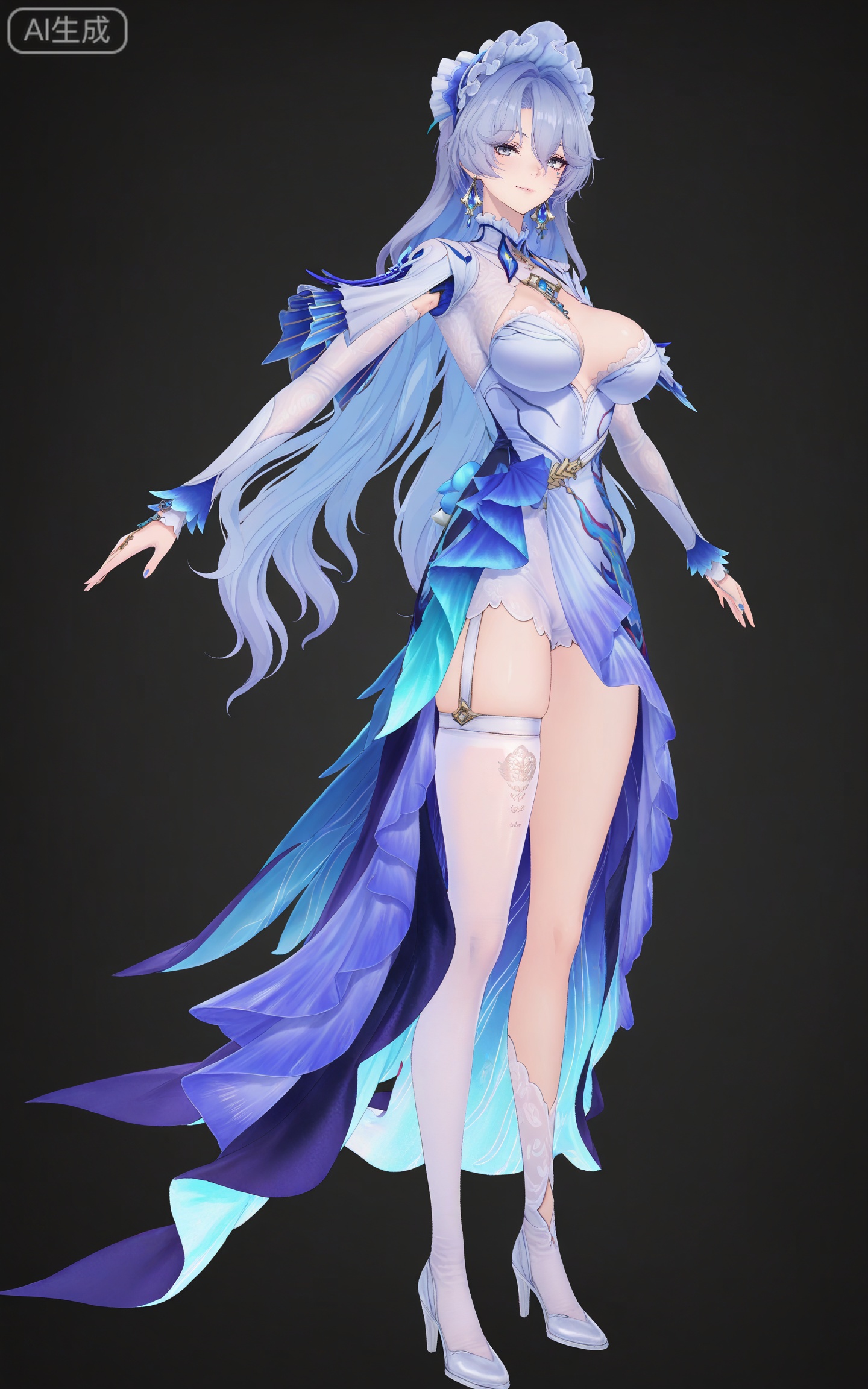 depth of field,masterpiece,best quality,very aesthetic,alternate costume,alternate costume,2024,2023,perfect composition,ultra-detailed,extreme aesthetic,masterpiece,best quality,good quality,newest,year 2024,year 2023,very aesthetic,absurdres,looking_at_viewer,colorful,,cantarella\(wuthering waves\),clothes: cantarella blue and white dress,cantarella asymmetrical legwear,cantarella bonnet,cantarella elbow gloves,cantarella frilled hairband,cantarella high heel boots,cantarella long dress,cantarella maid headdress,cantarella multicolored dress,cantarella single white thighhigh,cantarella thigh strap,cantarella white footwear,1girl,solo,breasts,long hair,full body,looking at viewer,jewelry,earrings,smile,black background,cleavage,large breasts,simple background,grey hair,closed mouth,hair between eyes,standing,grey eyes,long sleeves,