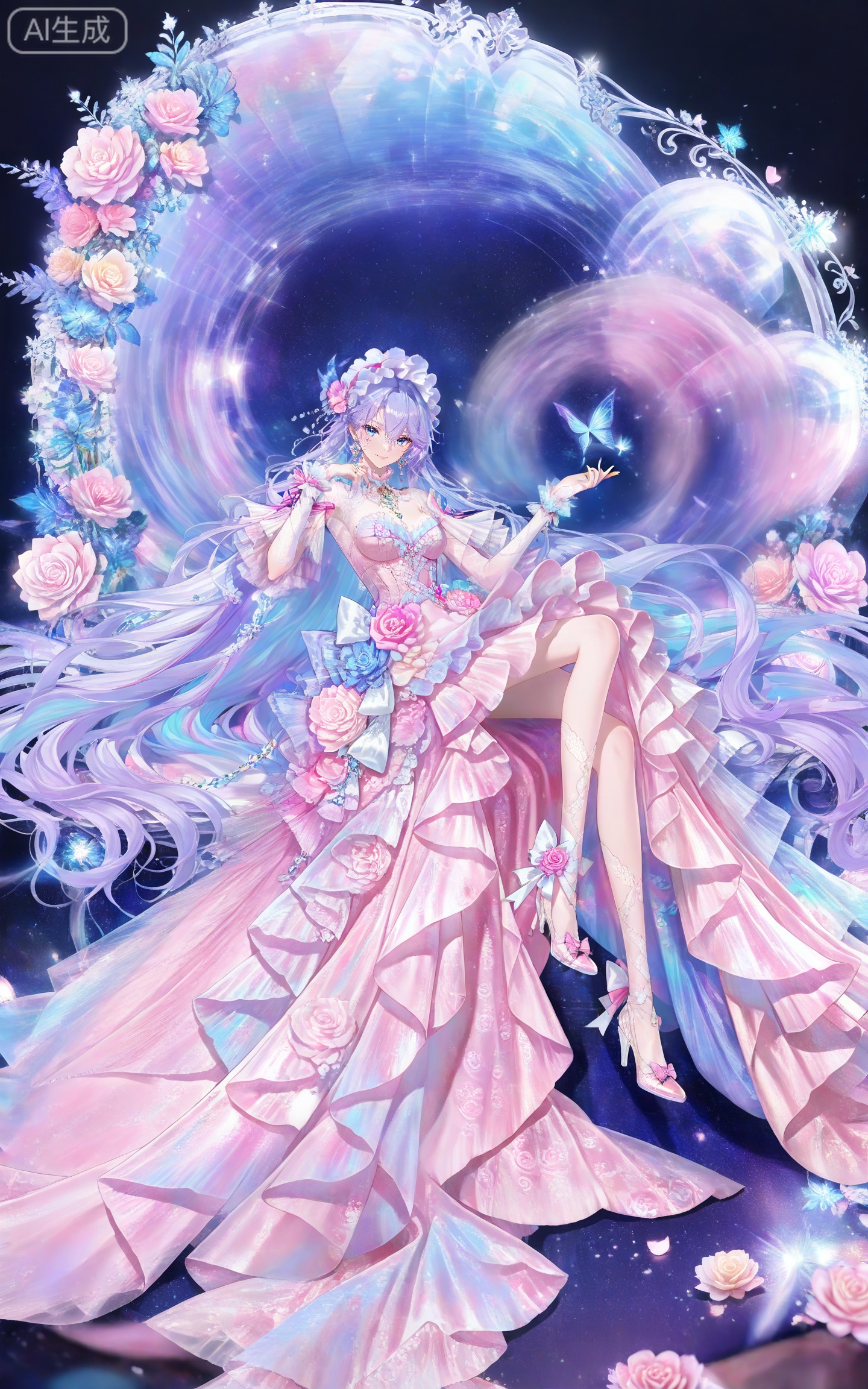 depth of field,masterpiece,best quality,very aesthetic,alternate costume,alternate costume,2024,2023,perfect composition,ultra-detailed,extreme aesthetic,masterpiece,best quality,good quality,newest,year 2024,year 2023,very aesthetic,absurdres,looking_at_viewer,colorful,
1girl,breasts,solo,long hair,blue eyes,looking at viewer,smile,jewelry,purple hair,earrings,blue hair,hair between eyes,hair ornament,facial mark,frilled hairband,lvjing,
lvjing, 1girl, dress, flower, pink dress, long hair, blue eyes, bow, white hair, solo, jewelry, hair ornament, dress flower, looking at viewer, sitting, rose, pink flower, hair flower, white bow, high heels, pink rose, pink bow, frills, full body, very long hair