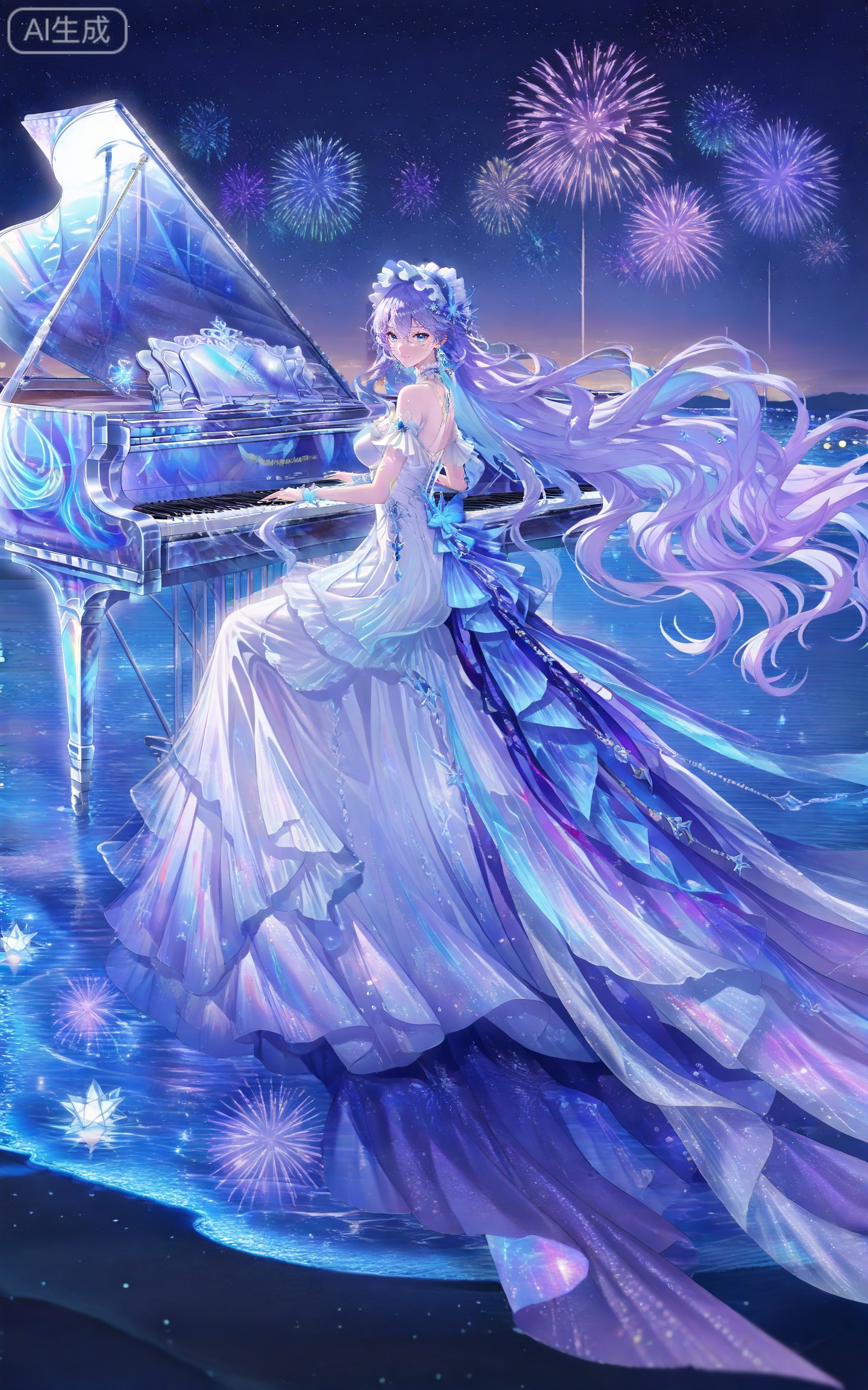 depth of field,masterpiece,best quality,very aesthetic,alternate costume,alternate costume,2024,2023,perfect composition,ultra-detailed,extreme aesthetic,masterpiece,best quality,good quality,newest,year 2024,year 2023,very aesthetic,absurdres,looking_at_viewer,colorful,
1girl,breasts,solo,long hair,blue eyes,looking at viewer,smile,jewelry,purple hair,earrings,blue hair,hair between eyes,hair ornament,facial mark,frilled hairband,lvjing,
lvjing, 1girl, instrument, piano, long hair, solo, dress, star \(sky\), music, starry sky, sky, playing instrument, very long hair, grand piano, night, night sky, hair ornament, floating hair, fireworks, water, white dress, bare shoulders, reflection, white hair