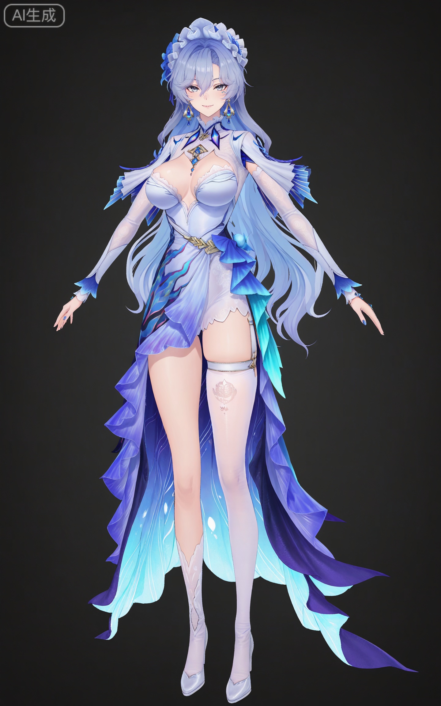 depth of field,masterpiece,best quality,very aesthetic,alternate costume,alternate costume,2024,2023,perfect composition,ultra-detailed,extreme aesthetic,masterpiece,best quality,good quality,newest,year 2024,year 2023,very aesthetic,absurdres,looking_at_viewer,colorful,<lora:坎特蕾拉:0.7>,cantarella\(wuthering waves\),clothes: cantarella blue and white dress,cantarella asymmetrical legwear,cantarella bonnet,cantarella elbow gloves,cantarella frilled hairband,cantarella high heel boots,cantarella long dress,cantarella maid headdress,cantarella multicolored dress,cantarella single white thighhigh,cantarella thigh strap,cantarella white footwear,1girl,solo,breasts,long hair,full body,looking at viewer,jewelry,earrings,smile,black background,cleavage,large breasts,simple background,grey hair,closed mouth,hair between eyes,standing,grey eyes,long sleeves,