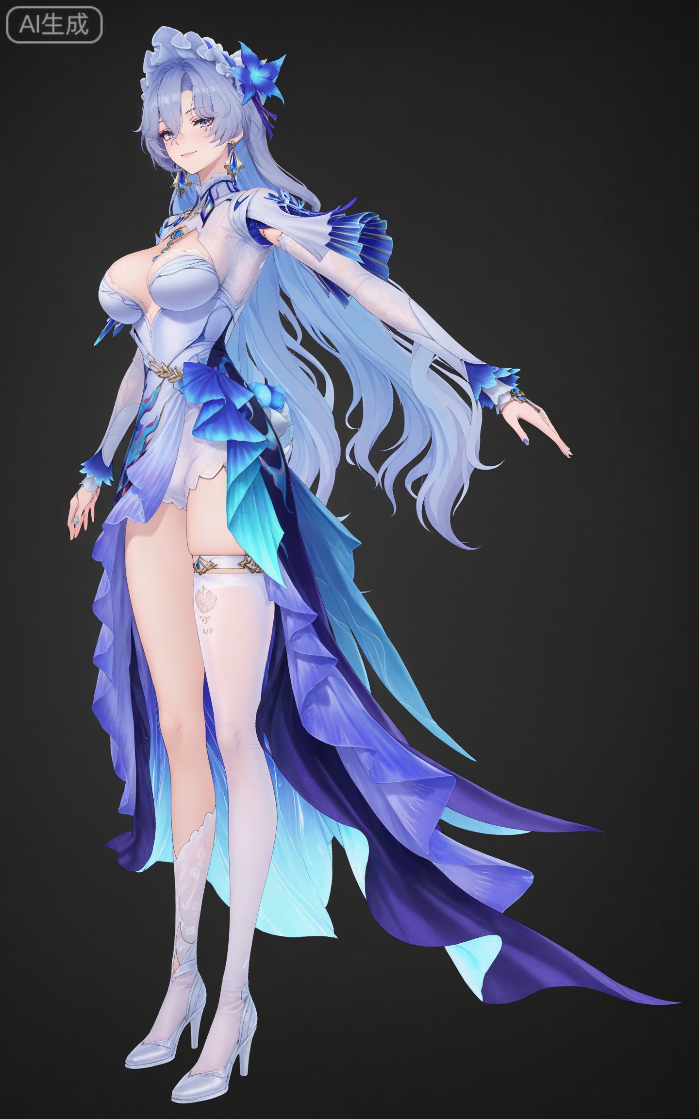 depth of field,masterpiece,best quality,very aesthetic,alternate costume,alternate costume,2024,2023,perfect composition,ultra-detailed,extreme aesthetic,masterpiece,best quality,good quality,newest,year 2024,year 2023,very aesthetic,absurdres,looking_at_viewer,colorful,<lora:坎特蕾拉:0.7>,cantarella\(wuthering waves\),clothes: cantarella blue and white dress,cantarella asymmetrical legwear,cantarella bonnet,cantarella elbow gloves,cantarella frilled hairband,cantarella high heel boots,cantarella long dress,cantarella maid headdress,cantarella multicolored dress,cantarella single white thighhigh,cantarella thigh strap,cantarella white footwear,1girl,solo,breasts,long hair,full body,looking at viewer,jewelry,earrings,smile,black background,cleavage,large breasts,simple background,grey hair,closed mouth,hair between eyes,standing,grey eyes,long sleeves,