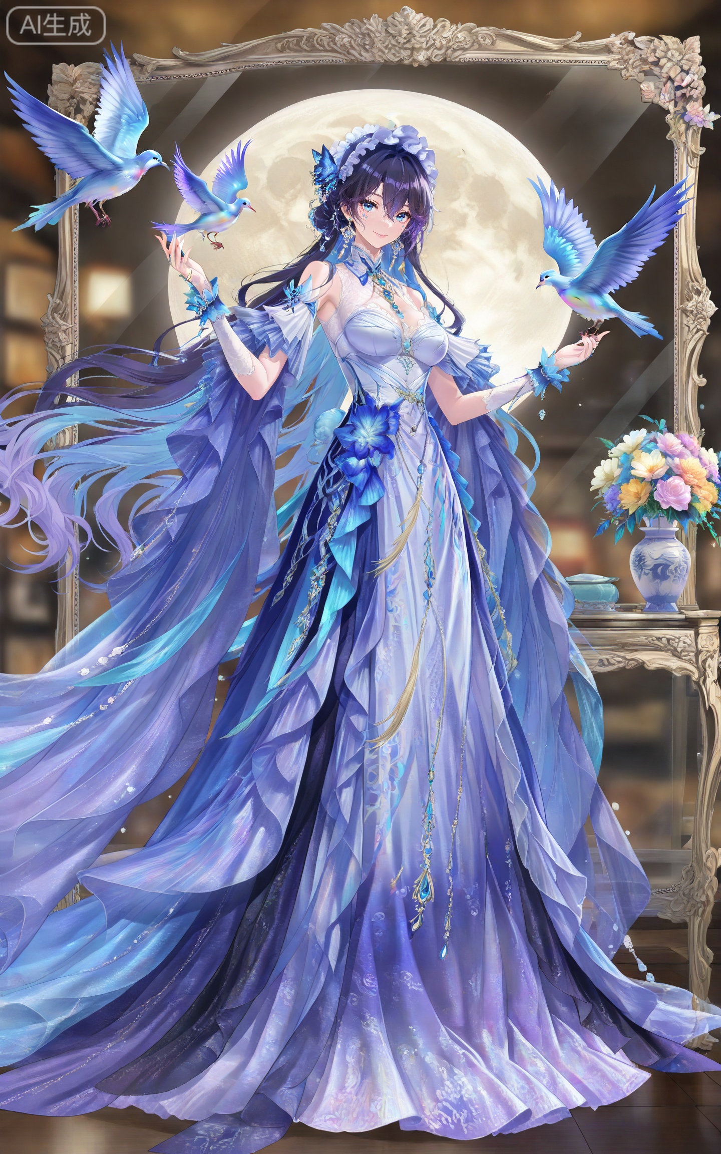 depth of field,masterpiece,best quality,very aesthetic,alternate costume,alternate costume,2024,2023,perfect composition,ultra-detailed,extreme aesthetic,masterpiece,best quality,good quality,newest,year 2024,year 2023,very aesthetic,absurdres,looking_at_viewer,colorful,
1girl,breasts,solo,long hair,blue eyes,looking at viewer,smile,jewelry,purple hair,earrings,blue hair,hair between eyes,hair ornament,facial mark,frilled hairband,lvjing,
lvjing, 1girl, black hair, solo, bird, dress, hair ornament, jewelry, full body, chinese clothes, earrings, flower, looking at viewer, holding, mirror, standing, hair bun, bare shoulders, moon