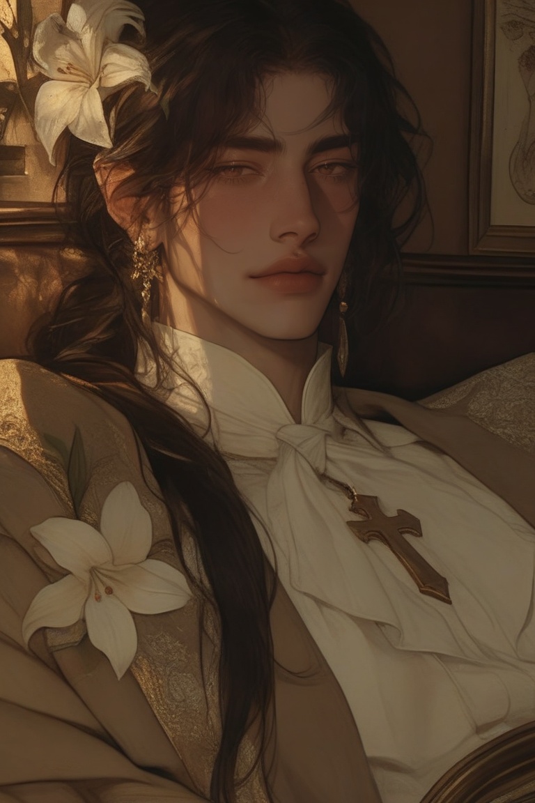 The image depicts a highly detailed and artistic portrait of a woman. She has long,  wavy dark hair and is adorned with in...