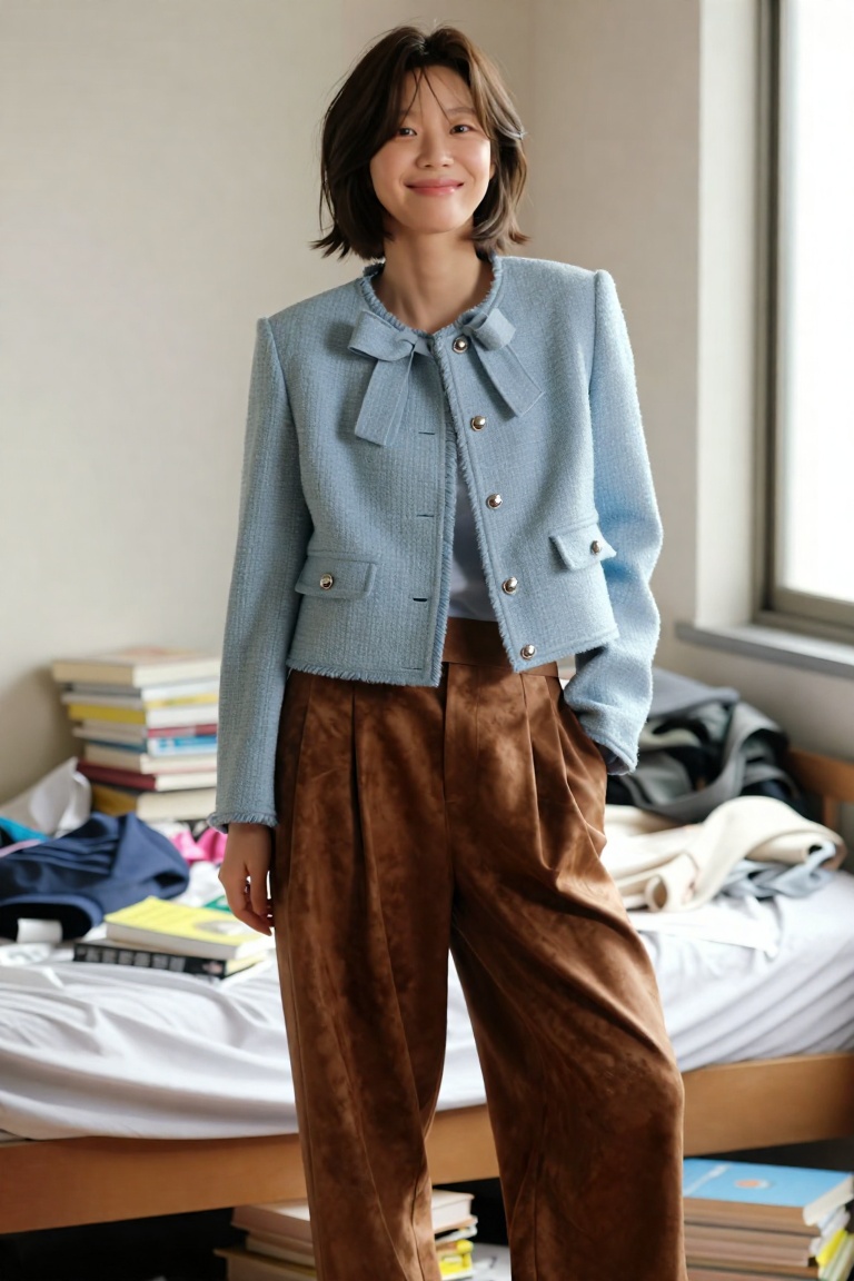 editorial lifestyle portrait of a 20yo Korean woman with a slightly tousled short bob haircut,  gentle smile,  wearing a c...