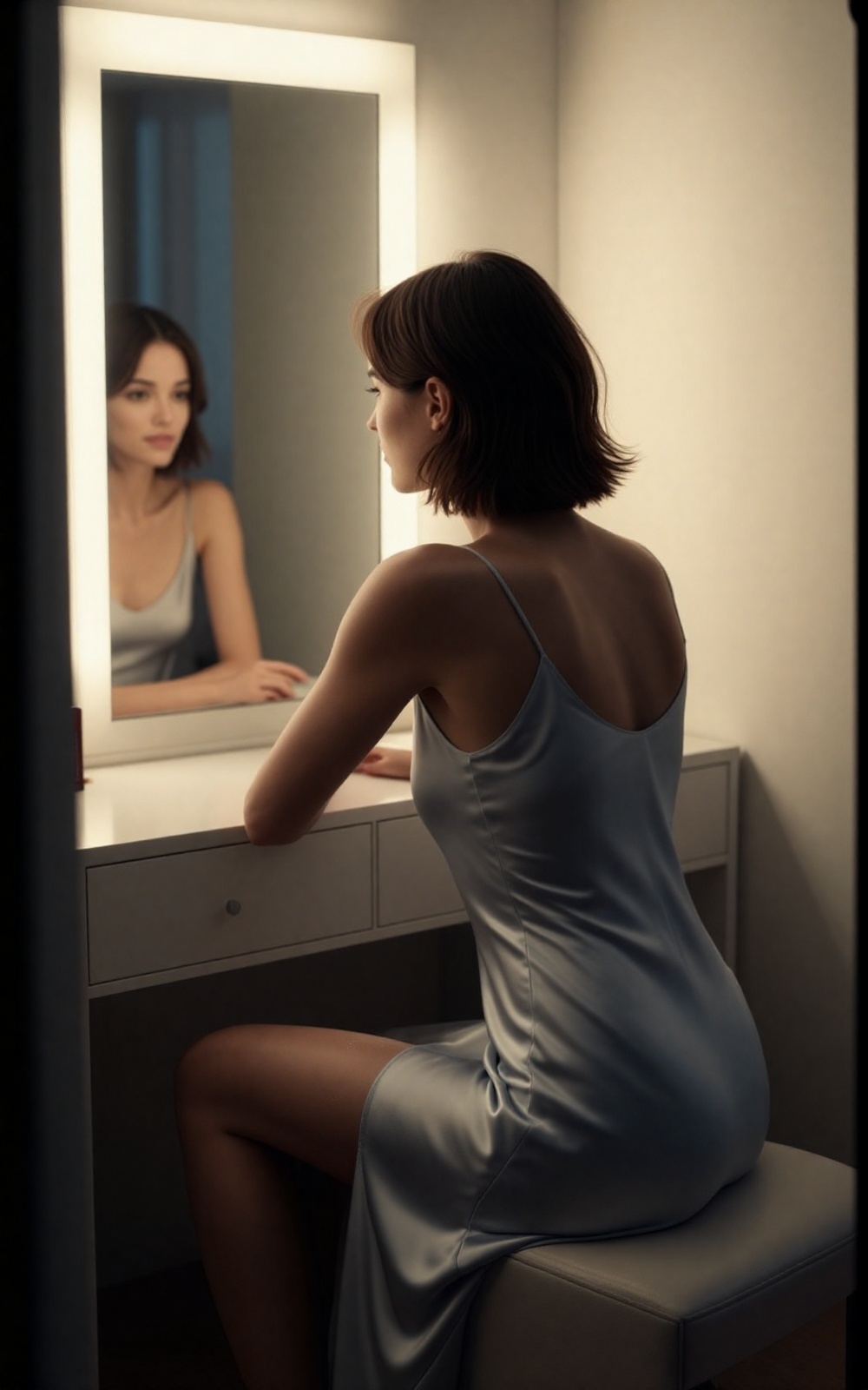 A candid bedroom vanity scene at night. An urban woman sits casually in front of a dressing table,  wearing a silk evening...
