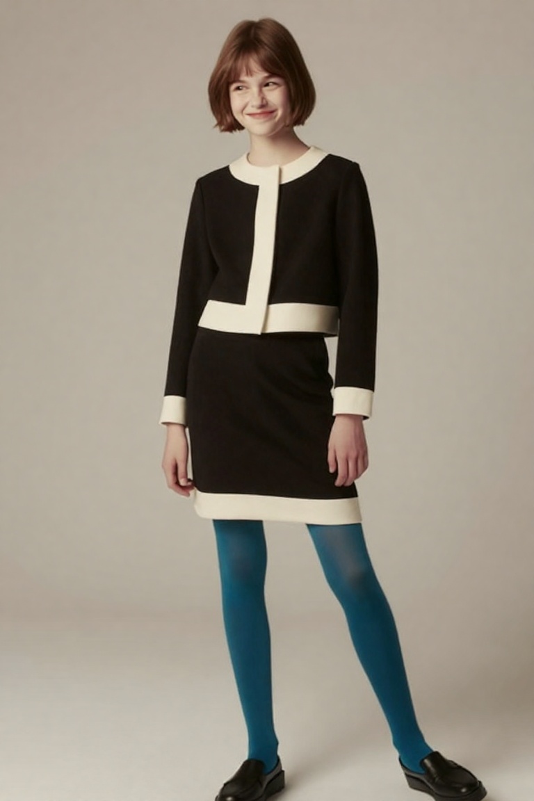 editorial fashion portrait of a teenage girl with a clean short bob haircut,  playful smirks,  subtle maturity without exa...