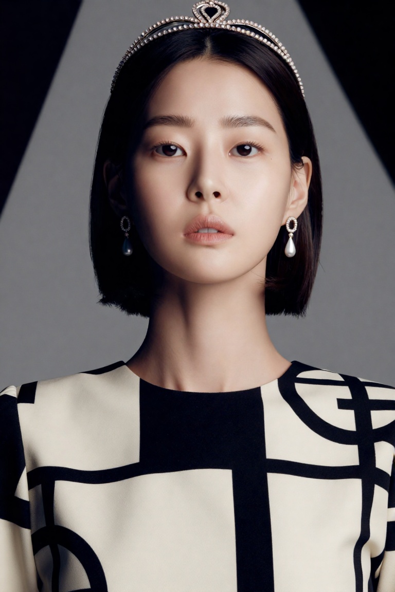 editorial beauty portrait of a 20yo Korean woman with sleek short bob hair pulled back,  calm,  introspective gaze on Tens...