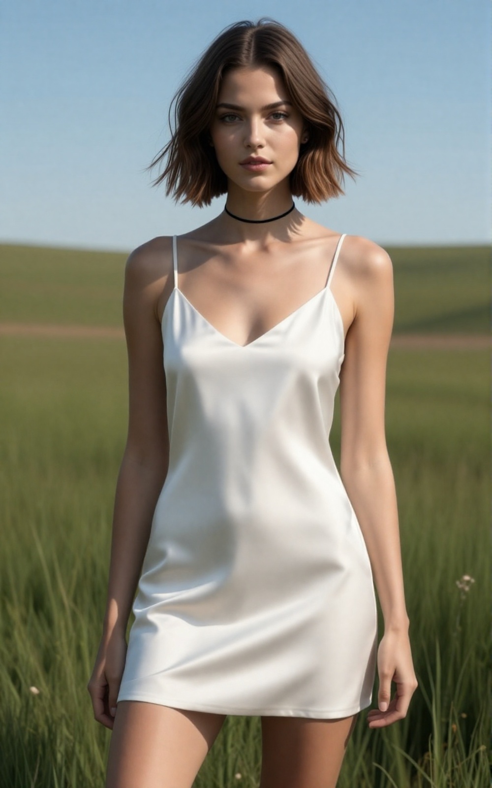 Ultra-realistic outdoor fashion photograph,  subject fills most of the frame (upper-thigh to head),  centered composition...