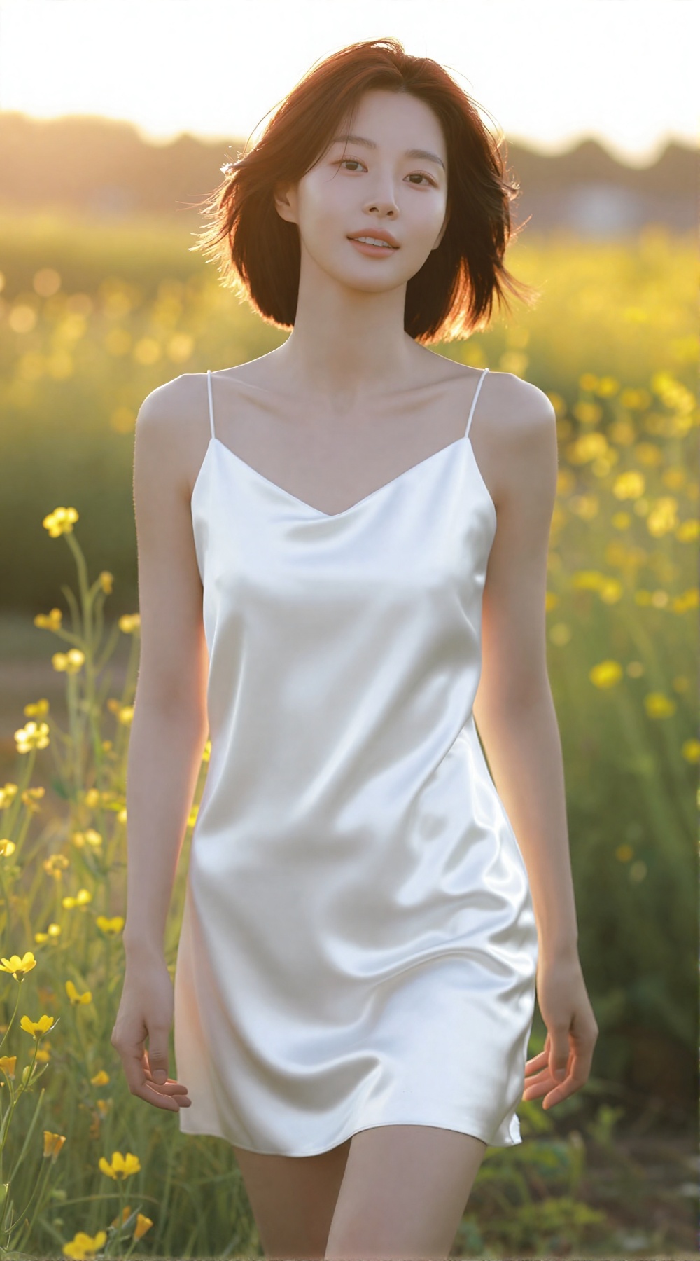 a 20yo Korean woman standing in a wildflower meadow at golden hour,  soft sunset backlight filtering through tall grass an...