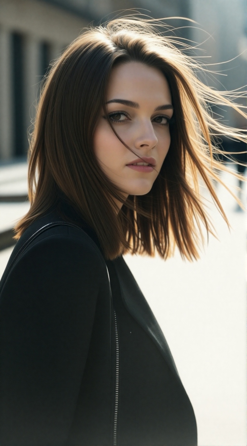 A realistic street portrait of a young woman on a breezy day,  hair gently moving in the wind,  natural daylight on Tensor...