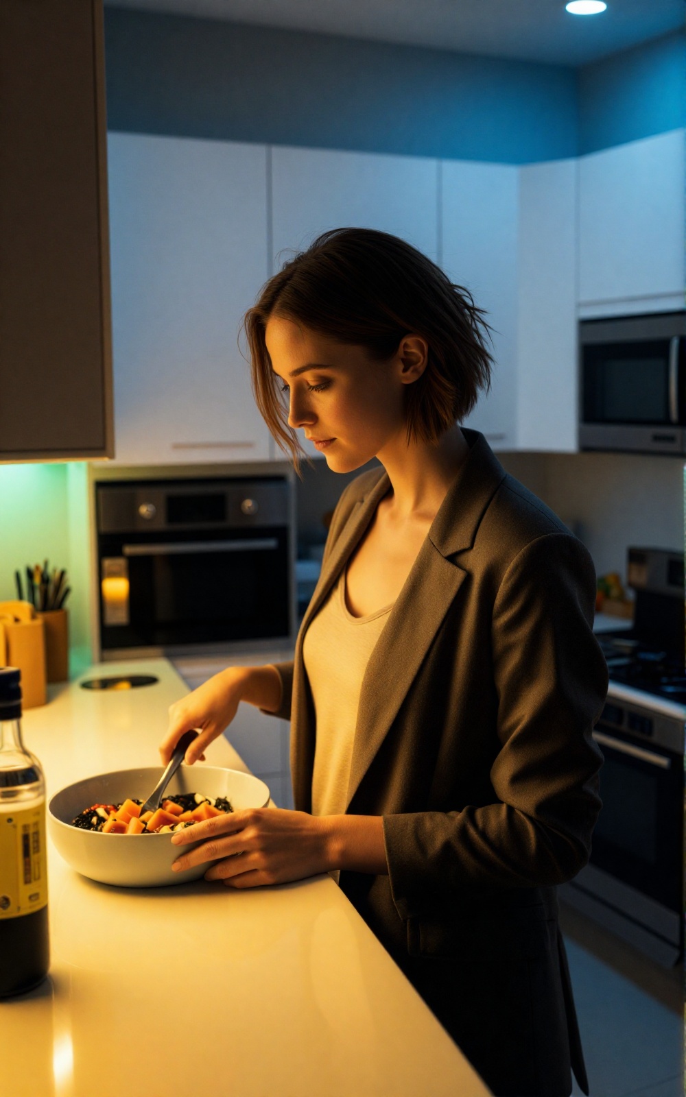 A candid evening kitchen scene in a modern apartment. An urban woman casually prepares a simple meal,  wearing comfortable...