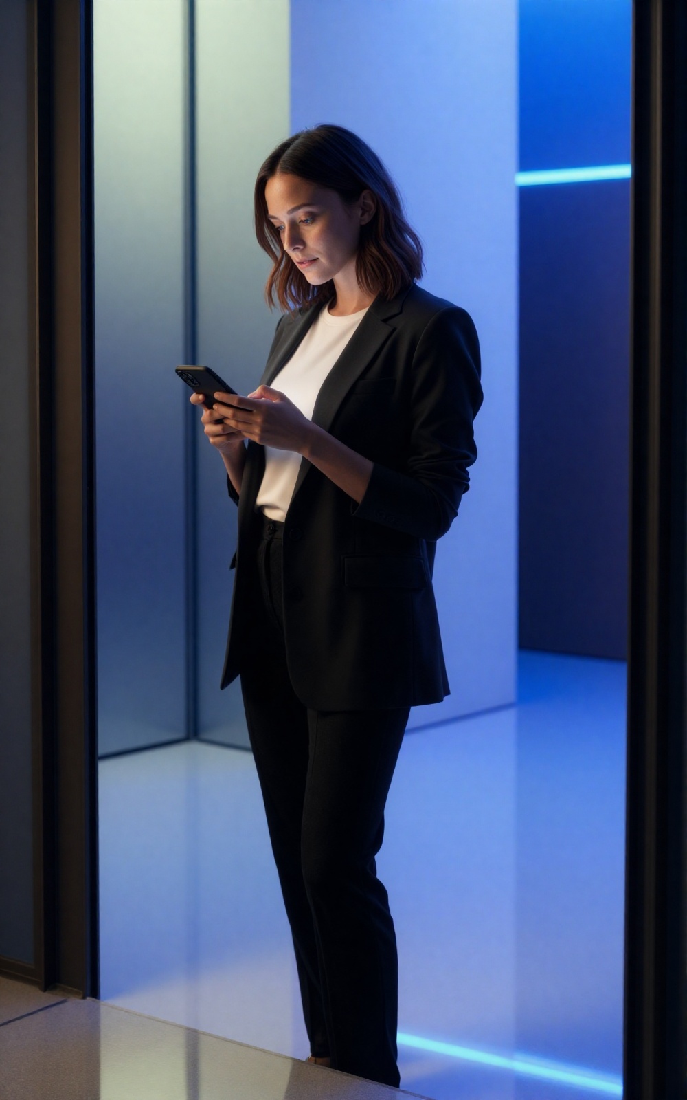 A candid indoor scene near an apartment lobby or elevator area. An urban woman stands casually,  waiting or checking her p...