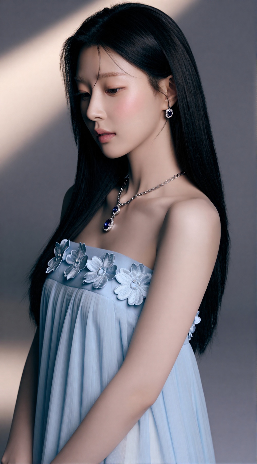 editorial fashion portrait of a 20yo Korean woman,  three-quarter view,  slight downward gaze on Tensor.Art