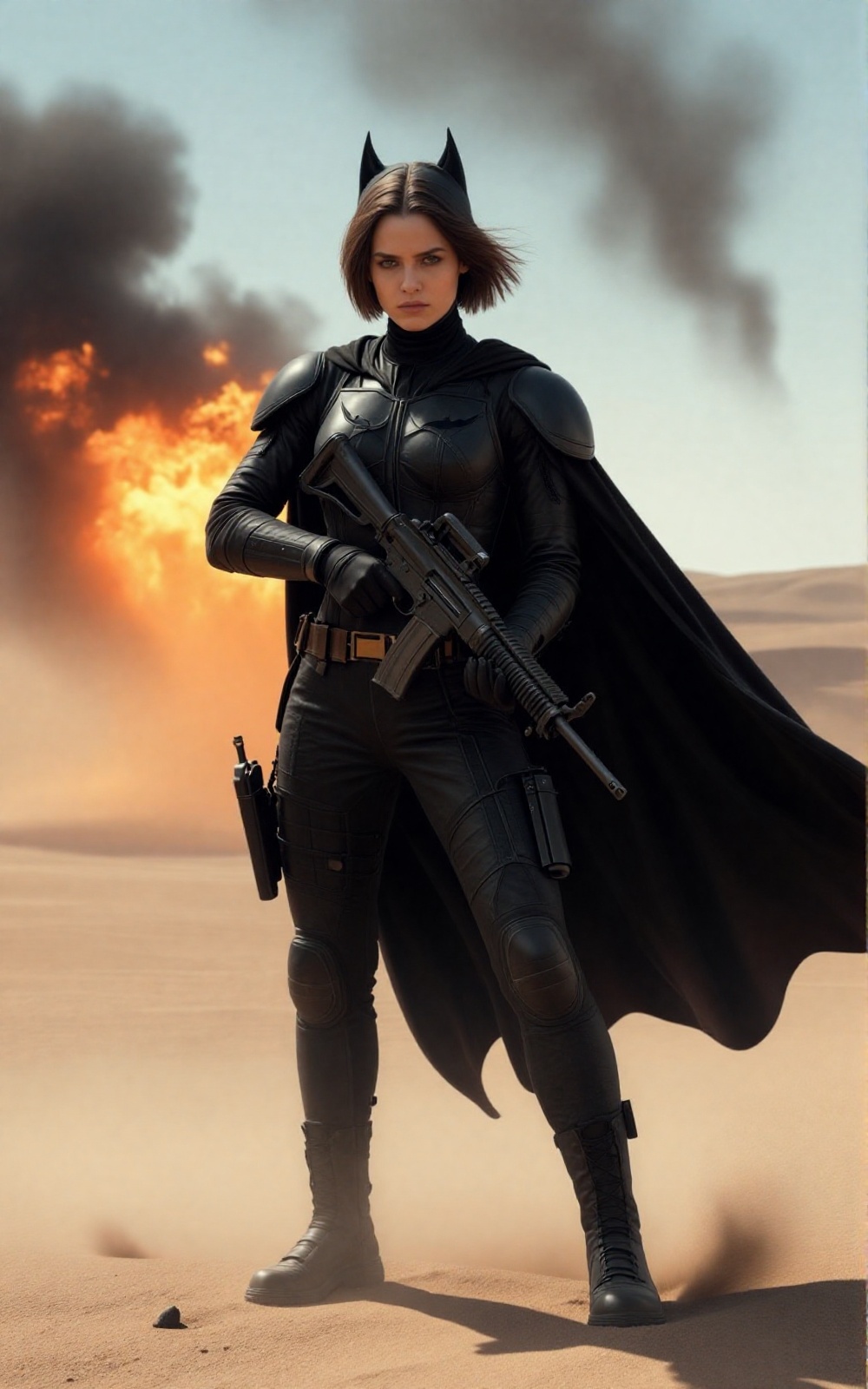 A cinematic still of a determined young woman standing in a vast desert inspired by the film Dune holding a AR-15 rifle. S...