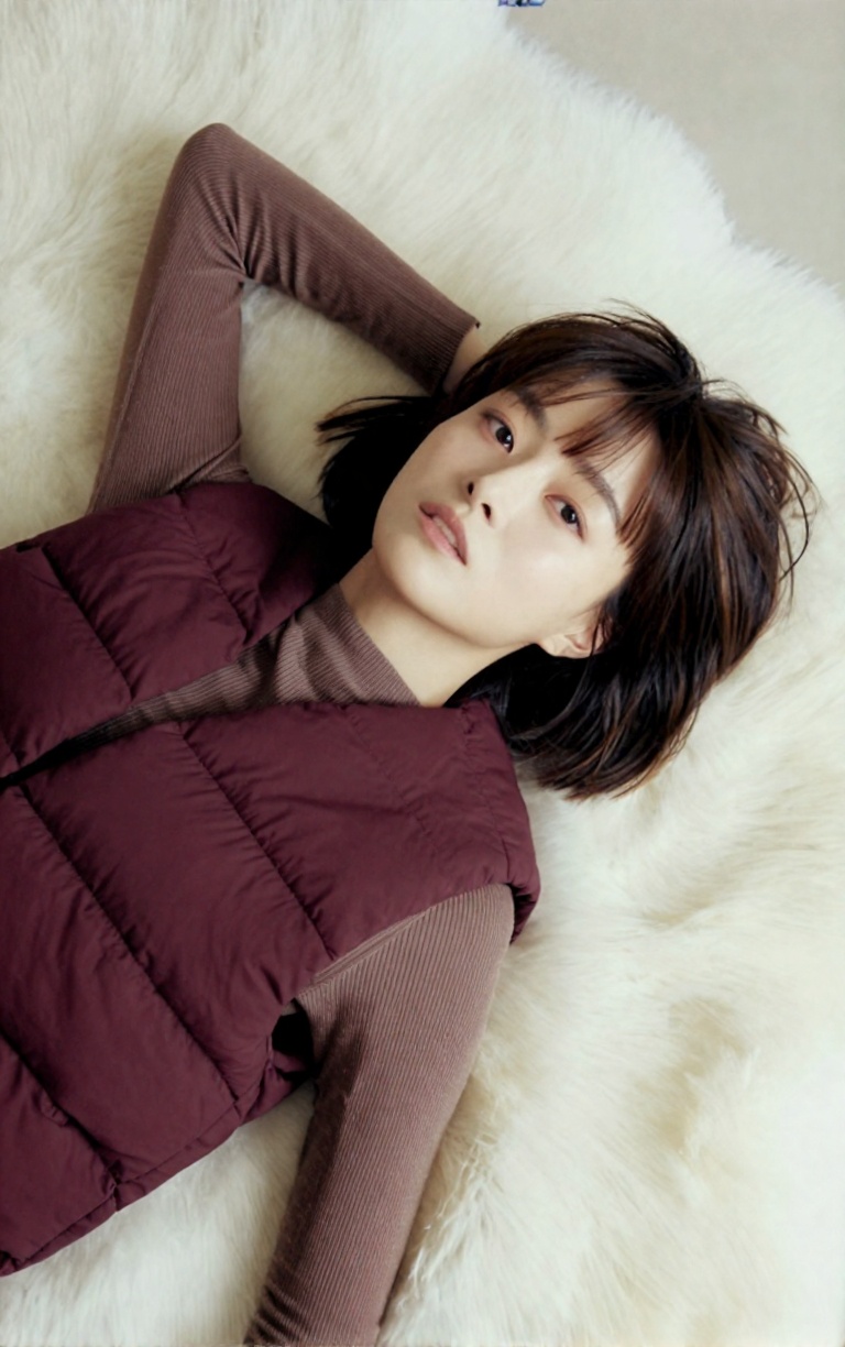 editorial fashion magazine photograph,  elegant woman lying on white fur carpet,  soft ivory long-pile fur on Tensor.Art