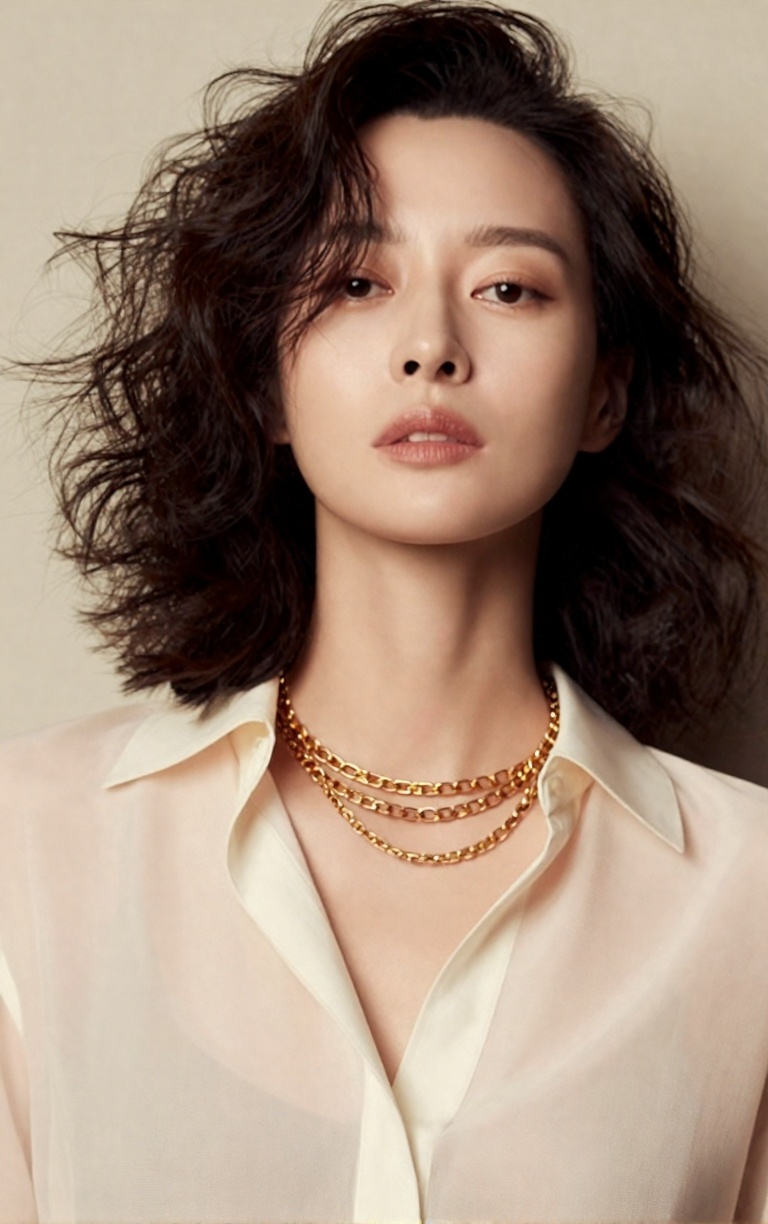 A refined editorial beauty portrait of an elegant woman with soft natural curls framing her face,  slightly tousled and ir...