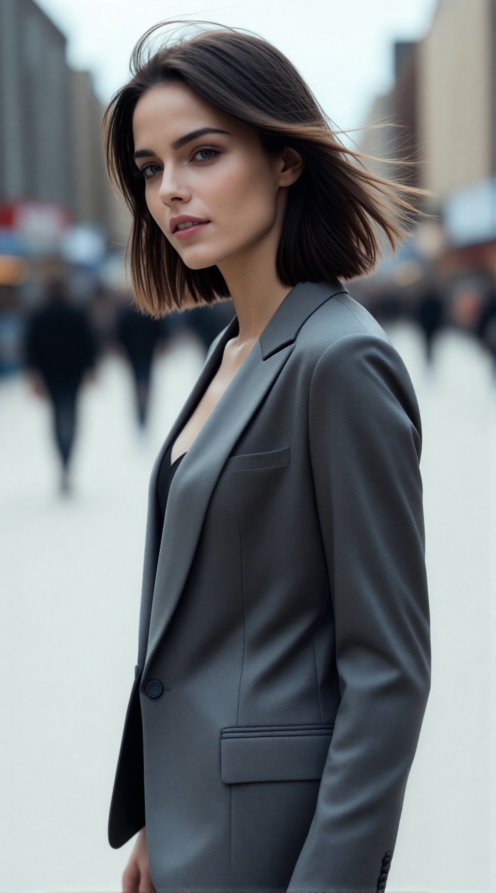 A realistic street portrait of a young woman on a breezy day,  hair gently moving in the wind,  natural daylight on Tensor...