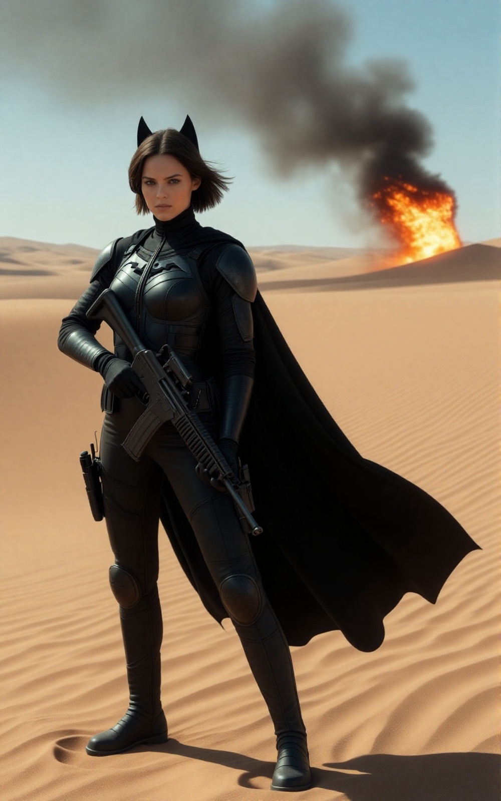 A cinematic still of a determined young woman standing in a vast desert inspired by the film Dune holding a AR-15 rifle. S...