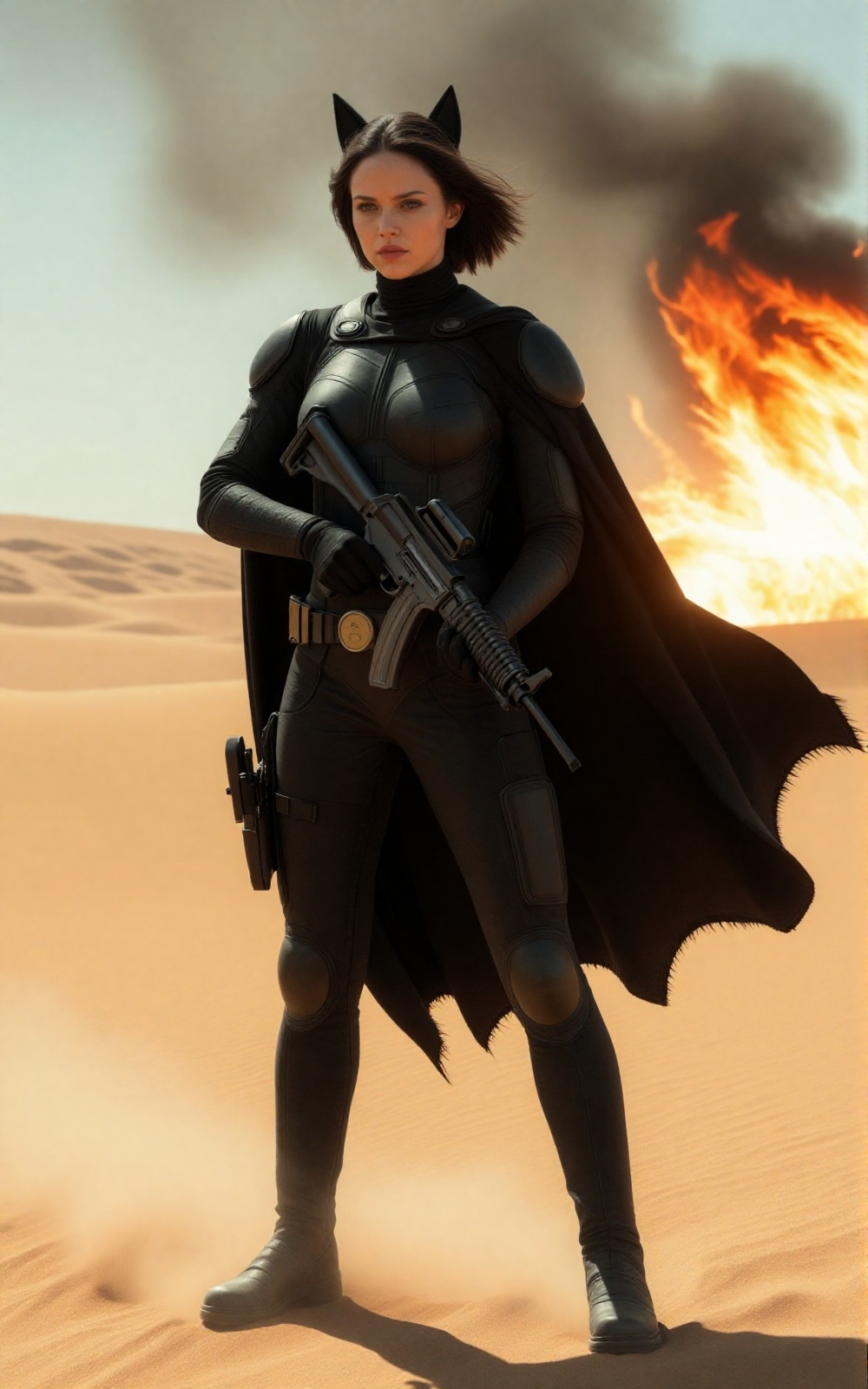 A cinematic still of a determined young woman standing in a vast desert inspired by the film Dune holding a AR-15 rifle. S...
