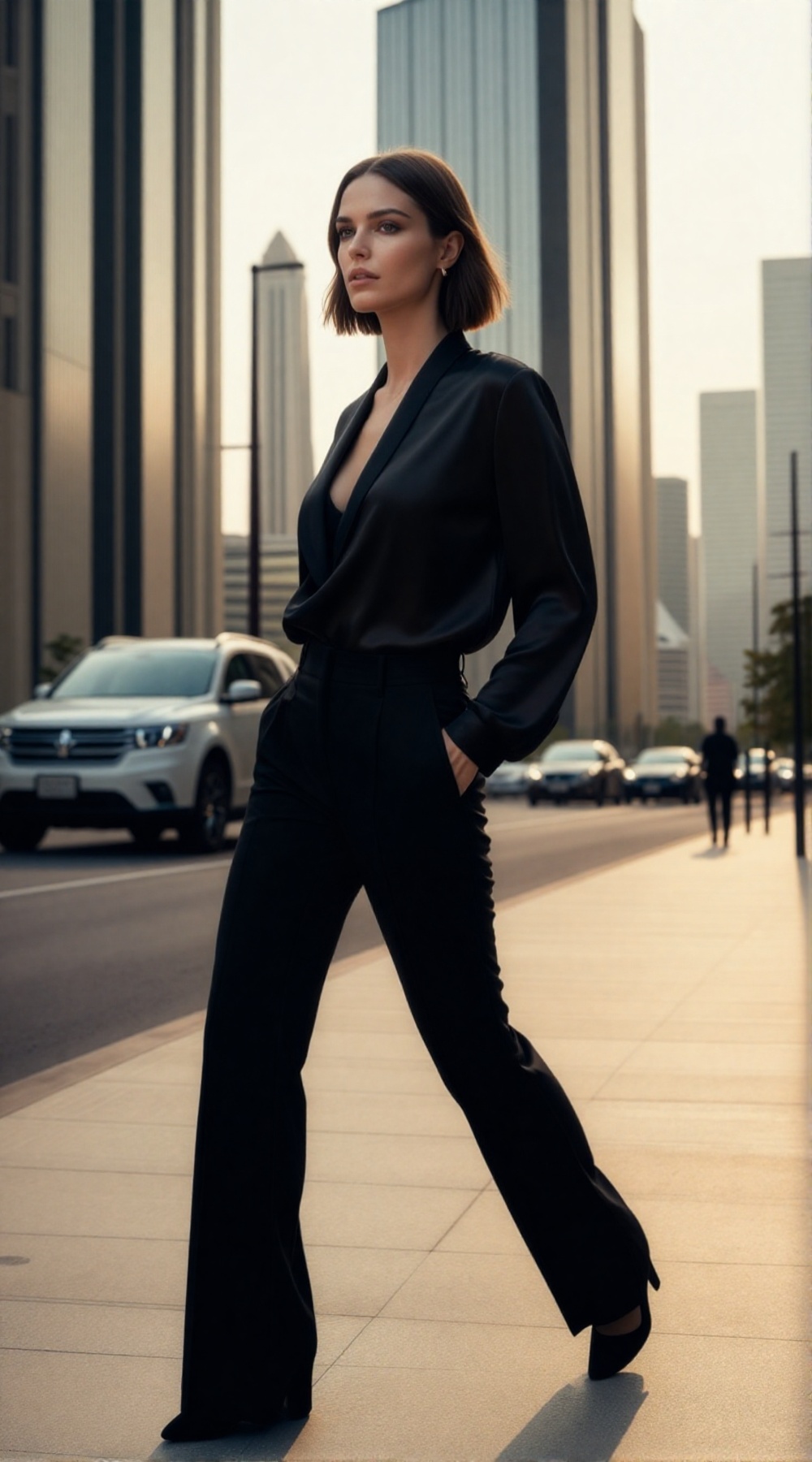 candid street photo of a stylish urban woman standing briefly on a city sidewalk,  relaxed posture,  one foot slightly for...
