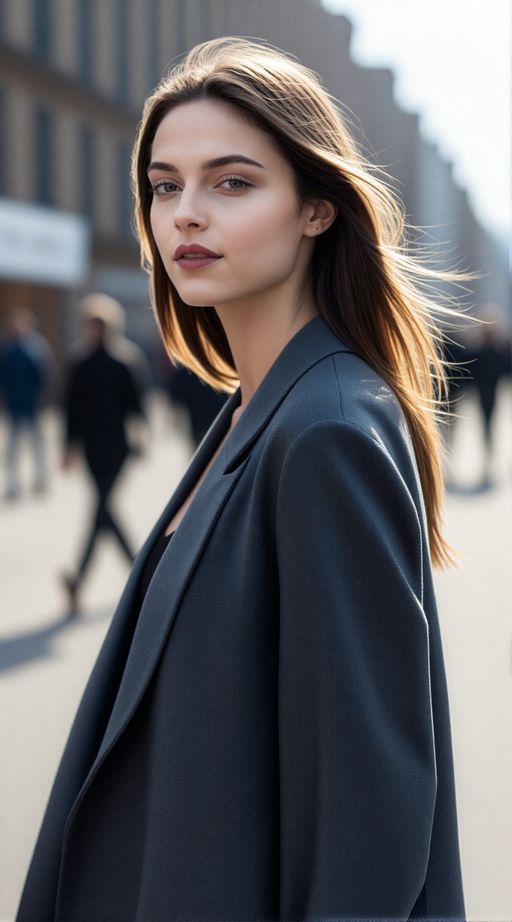 A realistic street portrait of a young woman on a breezy day,  hair gently moving in the wind,  natural daylight on Tensor...