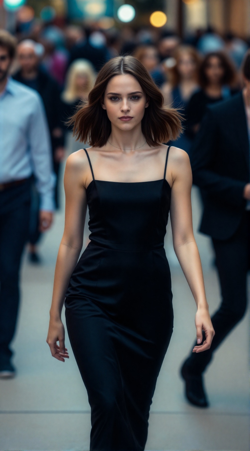 A realistic street-life portrait of a young woman walking through a busy city crowd,  exquisite symmetric face,  realistic...