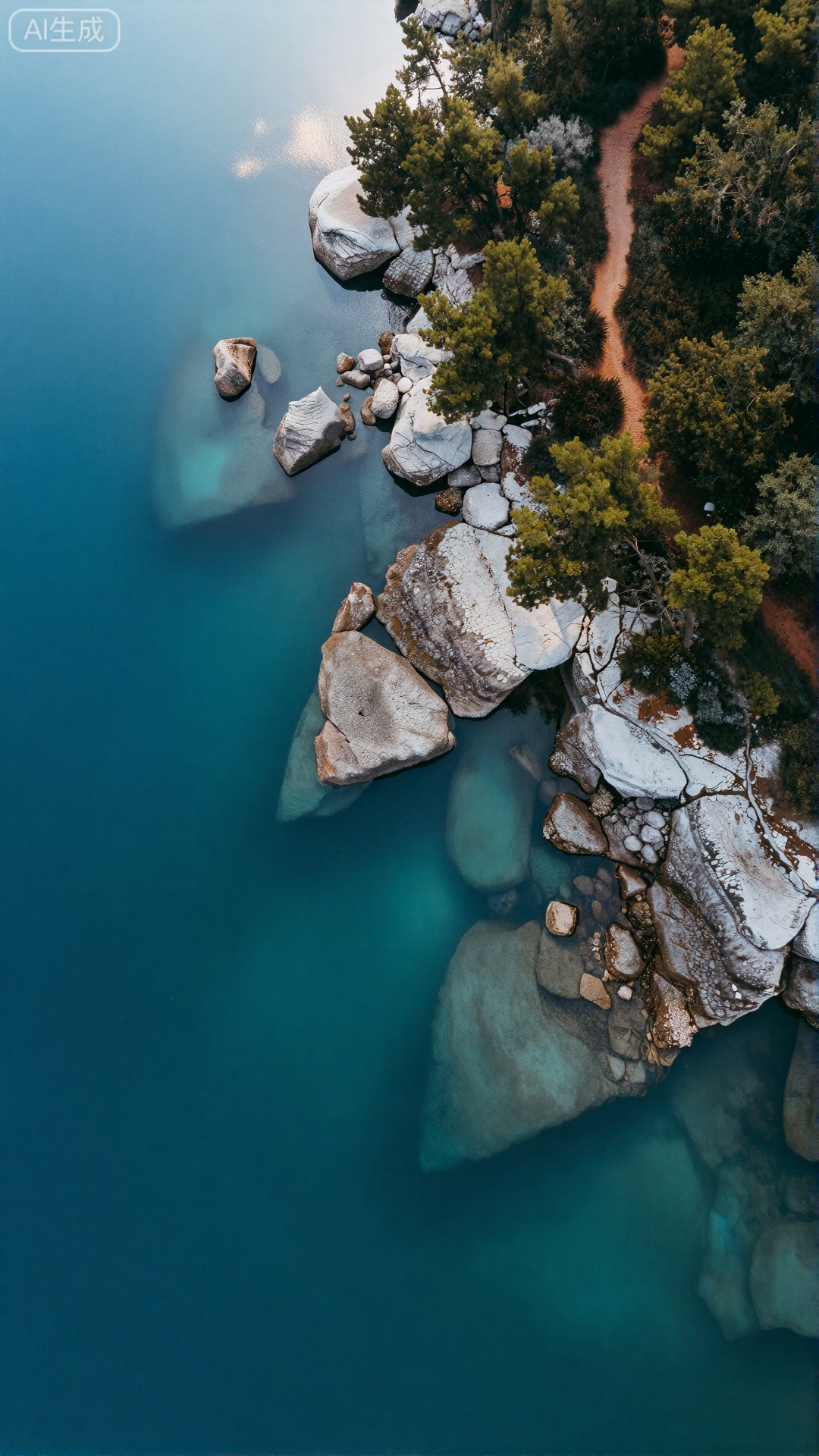 精美手机壁纸,
清晨的海岸航拍视角,澄澈如镜的海水近岸是透亮的绿松石色,随离岸渐远晕染成深邃的幽蓝,阳光穿透水面,能清晰看见水下错落的岩石。海岸线上,灰褐色岩石间散落着几处白色风化岩,像镶嵌的碎玉。岸边山坡被茂密的绿色松树覆盖,层层叠叠的枝叶织成翡翠般的森林。一条蜿蜒的黄土小径从林间穿出,顺着地势延伸至岩石海岸。阳光在海面上洒下金箔般的光斑,海风拂过,松涛与浪声交织,整个画面在蓝、绿、白的鲜明对比中,透着宁静悠远的诗意。
